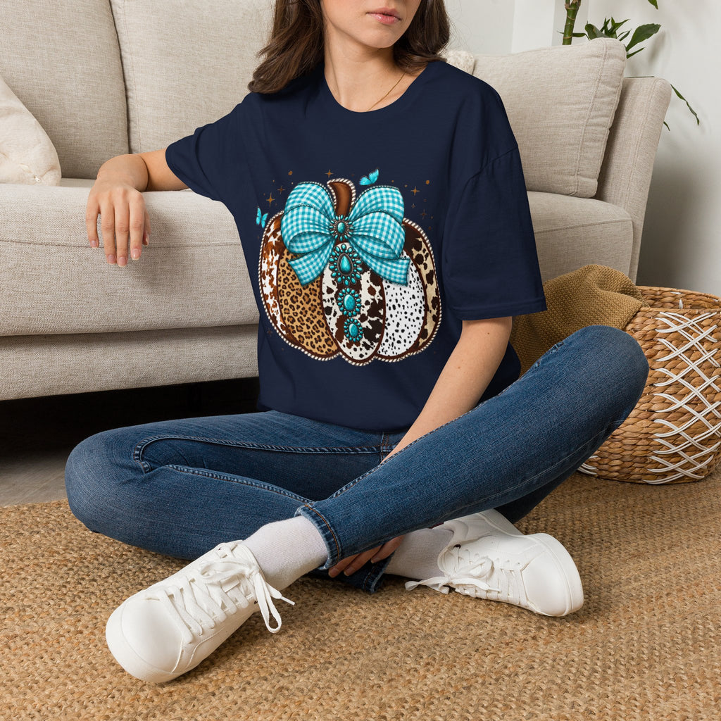 Turquoise Bow Pumpkin T-Shirt — Cowhide & Leopard Fall Graphic Tee