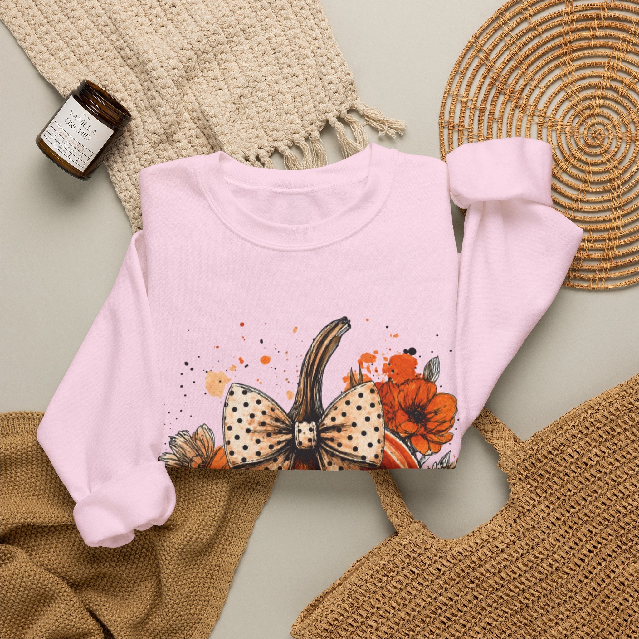 Pumpkin Bow Crewneck Sweatshirt — Autumn Floral Pumpkin Sweatshirt