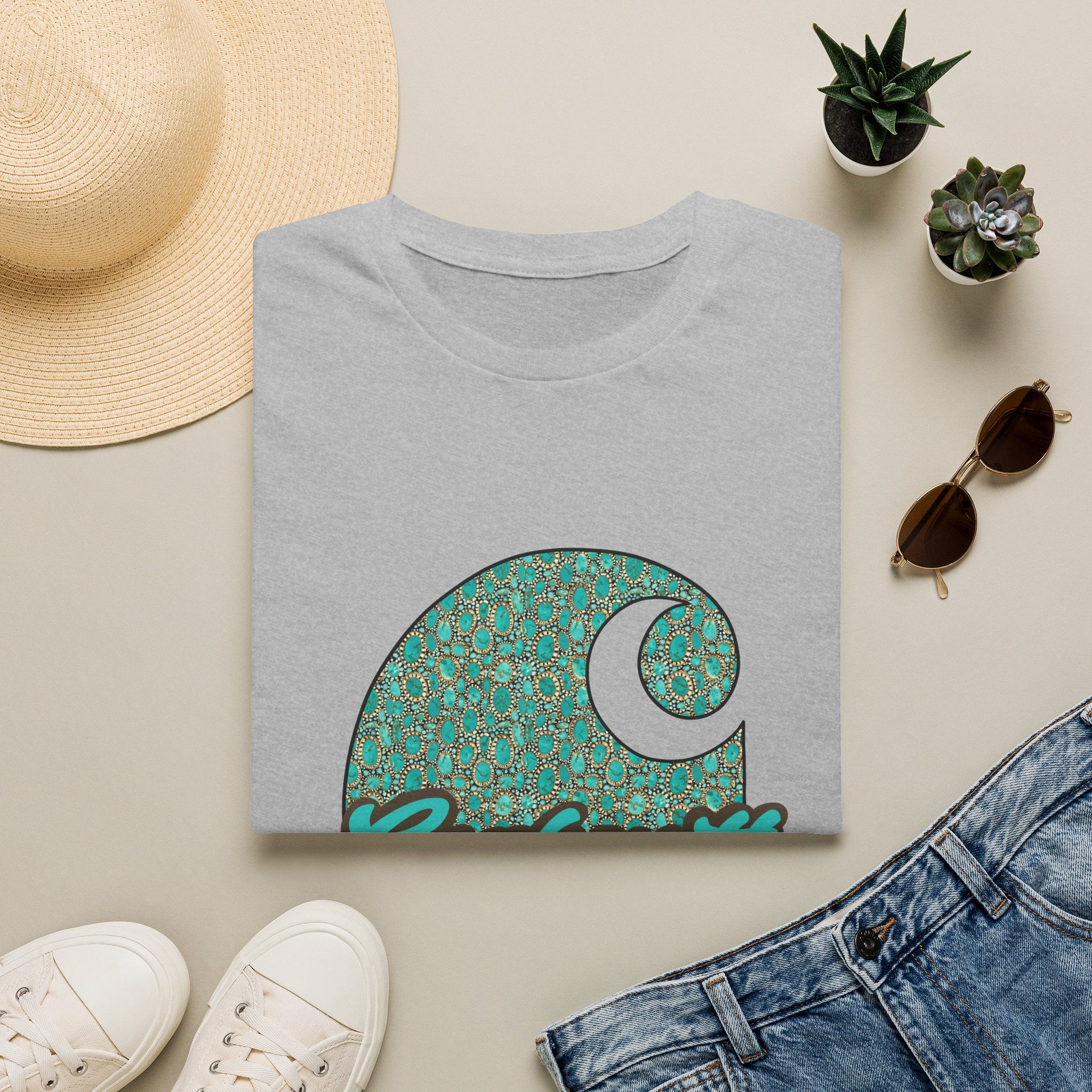 Carhartt Crescent Logo T‑Shirt — Vintage Teal Patterned Graphic Tee