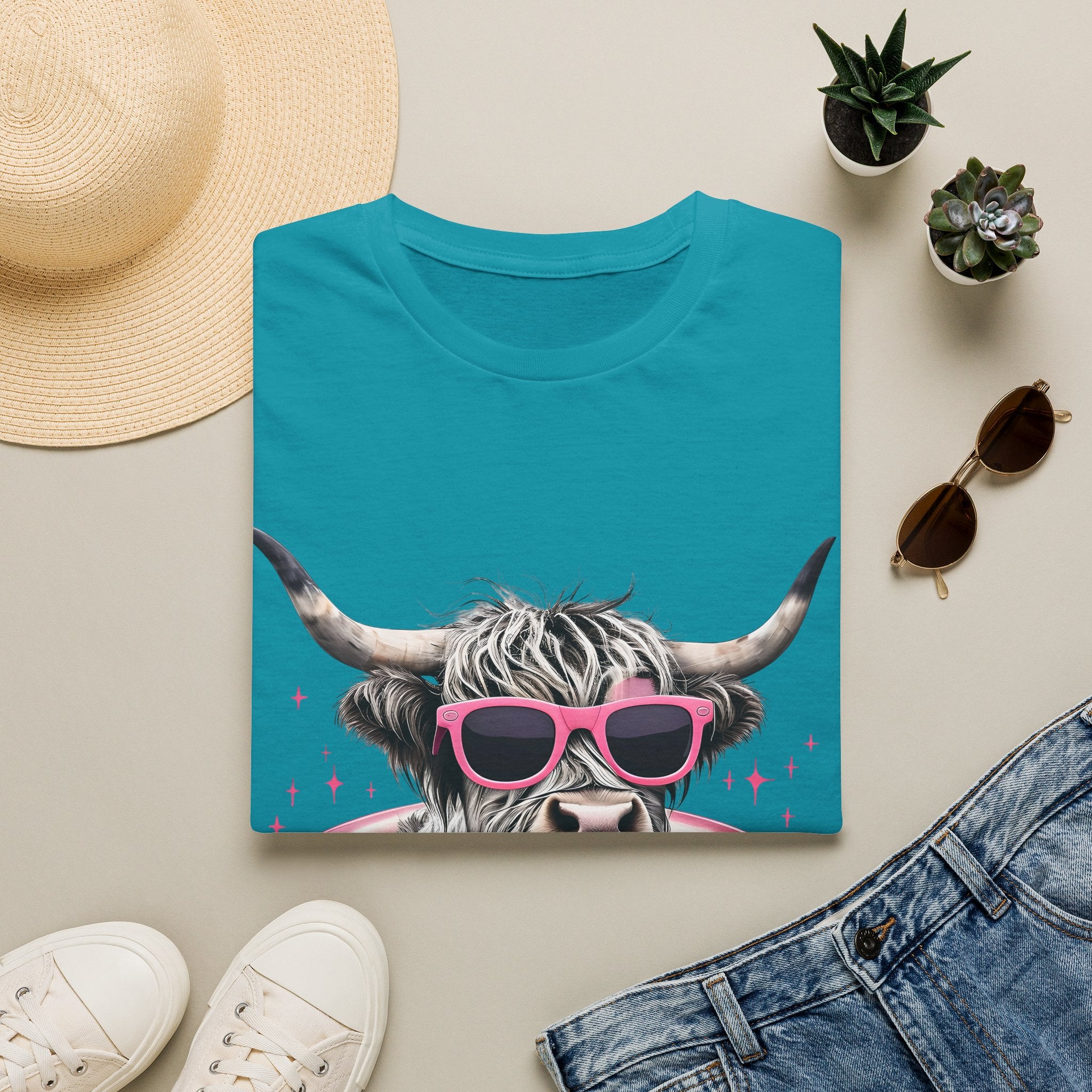 Cow with Pink Sunglasses T-Shirt — Cute Highland Cow Graphic Tee