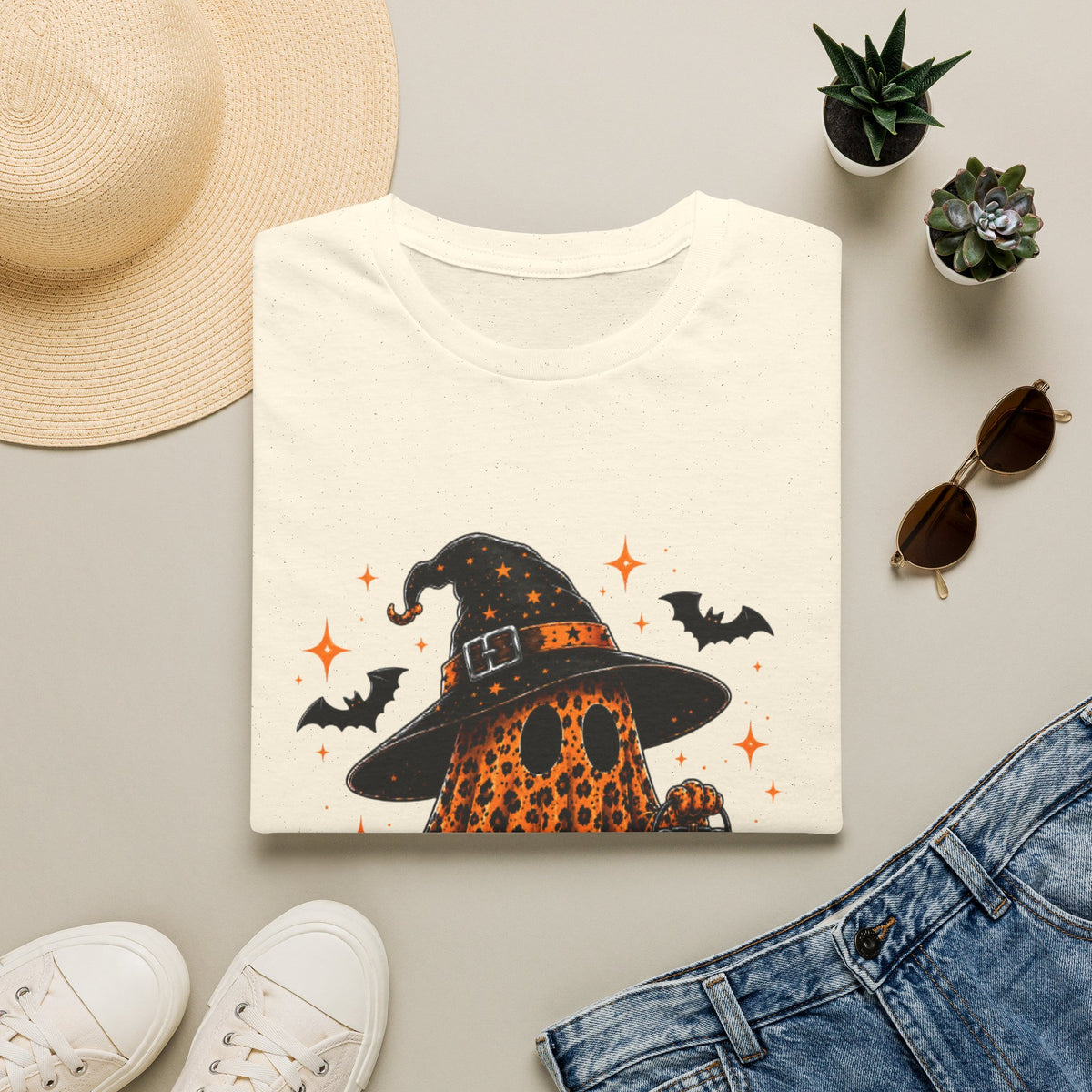 Leopard Ghost Halloween T-Shirt — Witch Hat Pumpkin & Bats Fall Tee