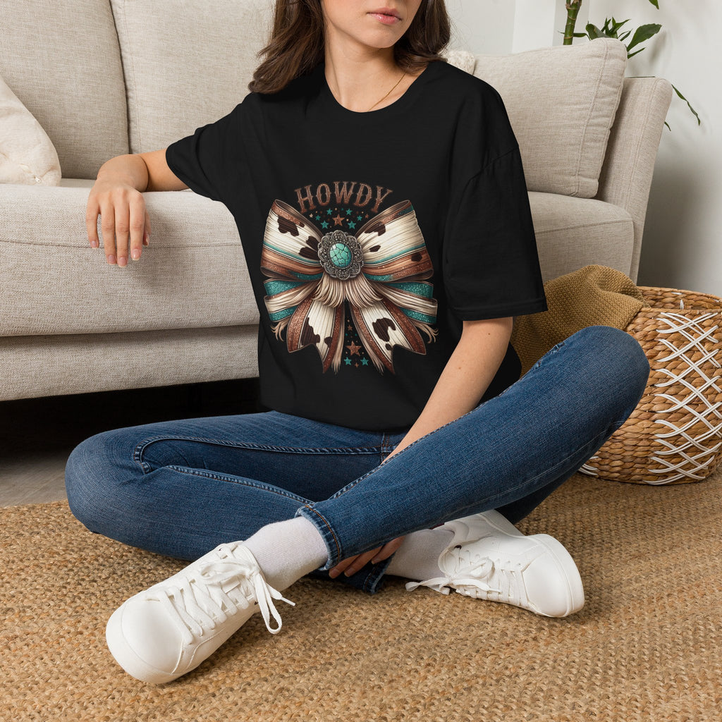 Howdy Western Bow T-Shirt — Turquoise Concho Rustic Cowhide Graphic