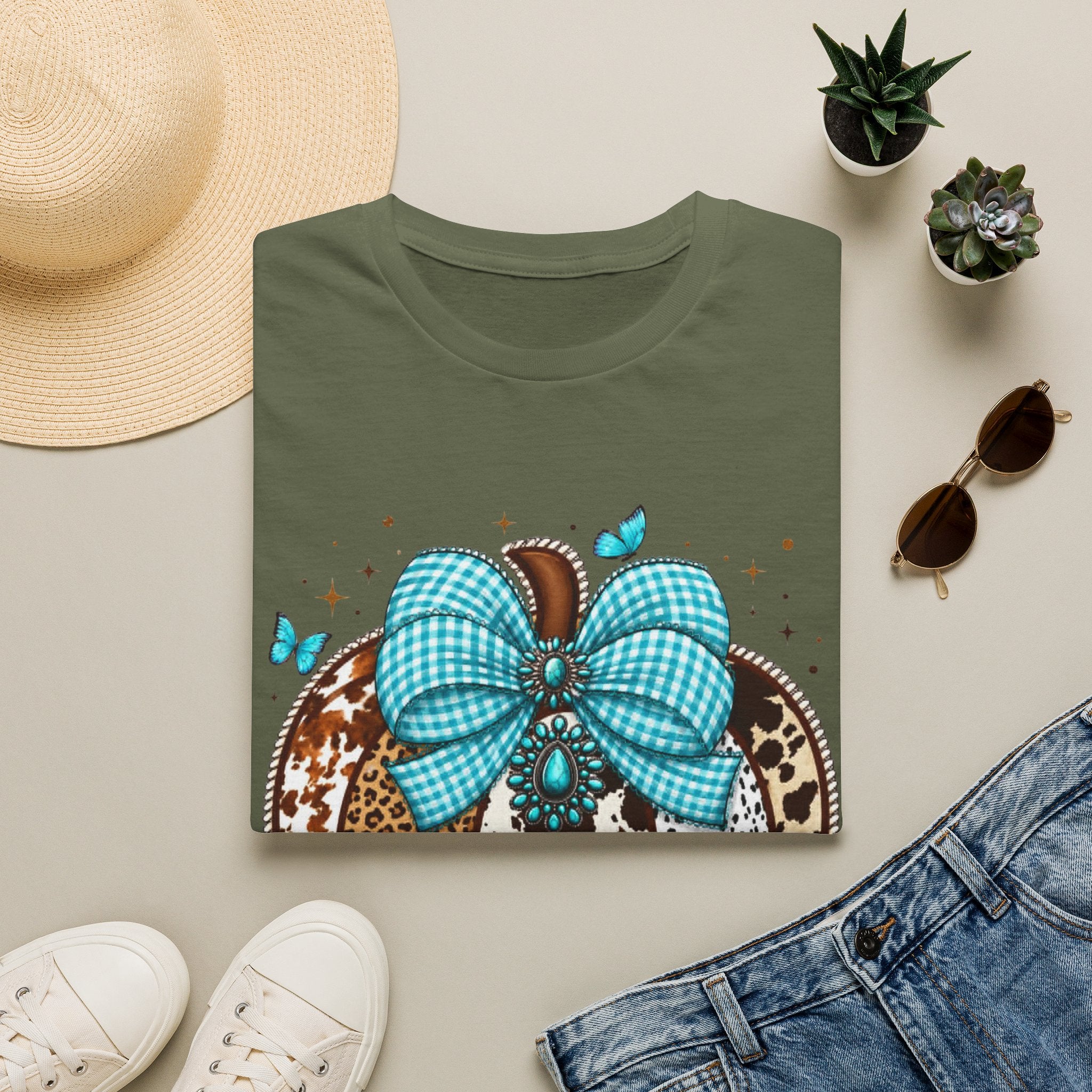 Turquoise Bow Pumpkin T-Shirt — Cowhide & Leopard Fall Graphic Tee