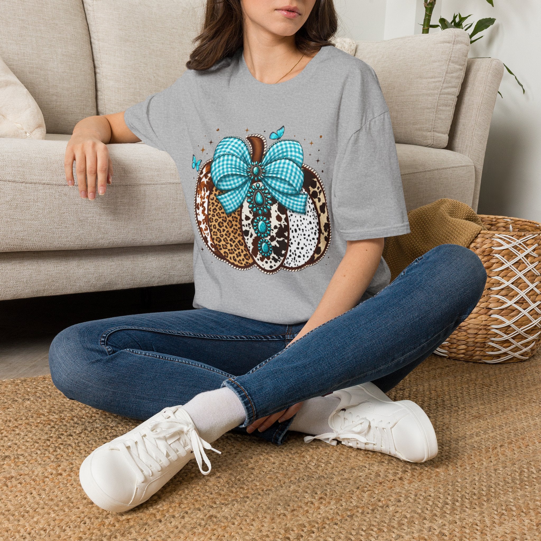 Turquoise Bow Pumpkin T-Shirt — Cowhide & Leopard Fall Graphic Tee