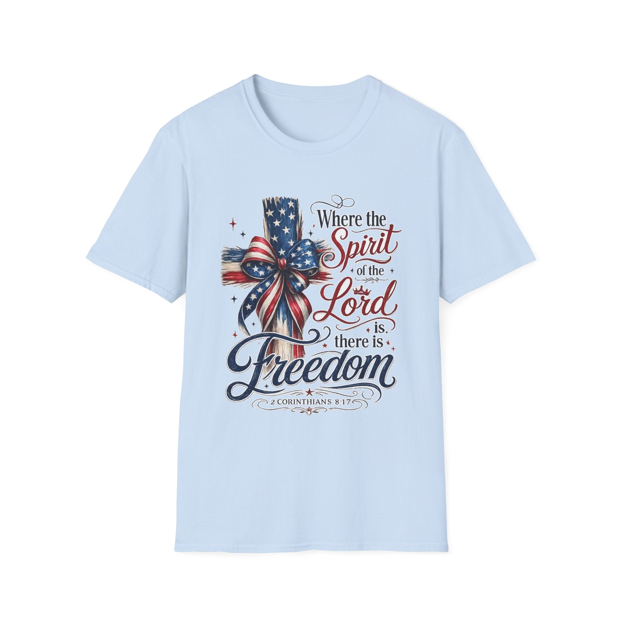 Patriotic Cross T-Shirt — “Where the Spirit of the Lord Is, There Is Freedom”