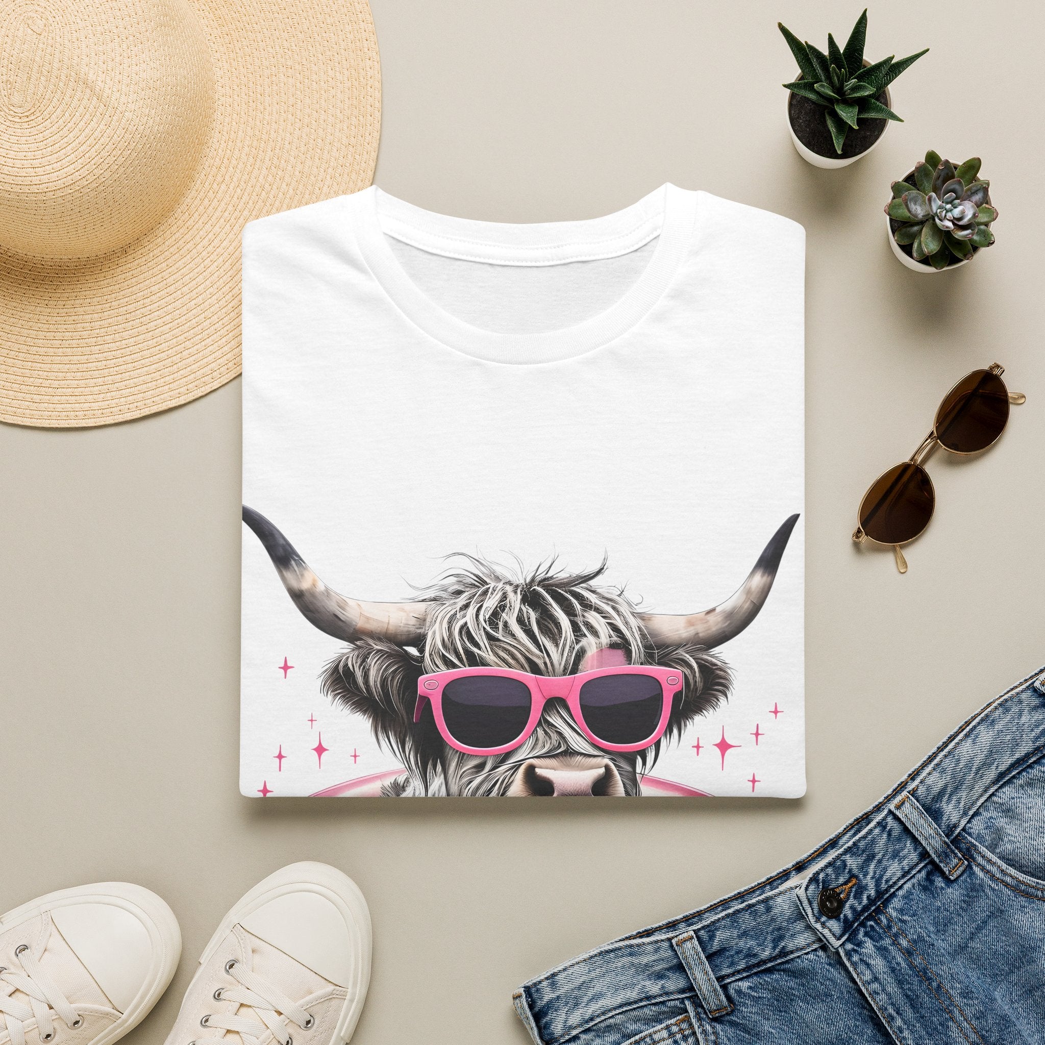 Cow with Pink Sunglasses T-Shirt — Cute Highland Cow Graphic Tee