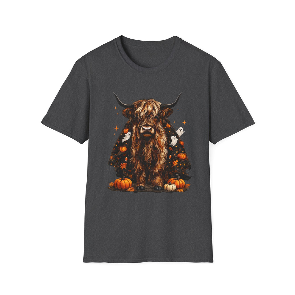 Highland Cow Pumpkin Tee — Autumn Scottish Cattle Graphic T-Shirt