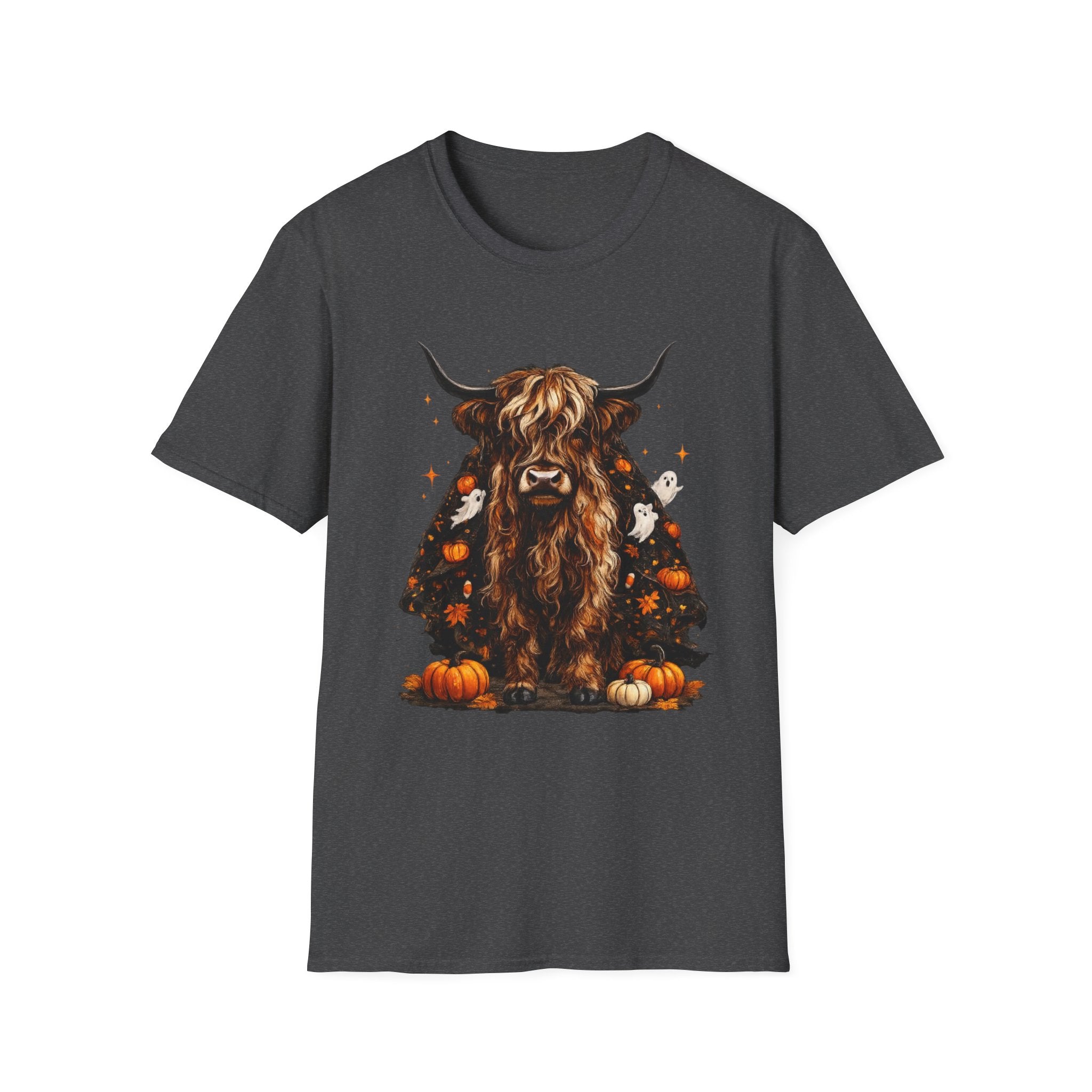 Highland Cow Pumpkin Tee — Autumn Scottish Cattle Graphic T-Shirt