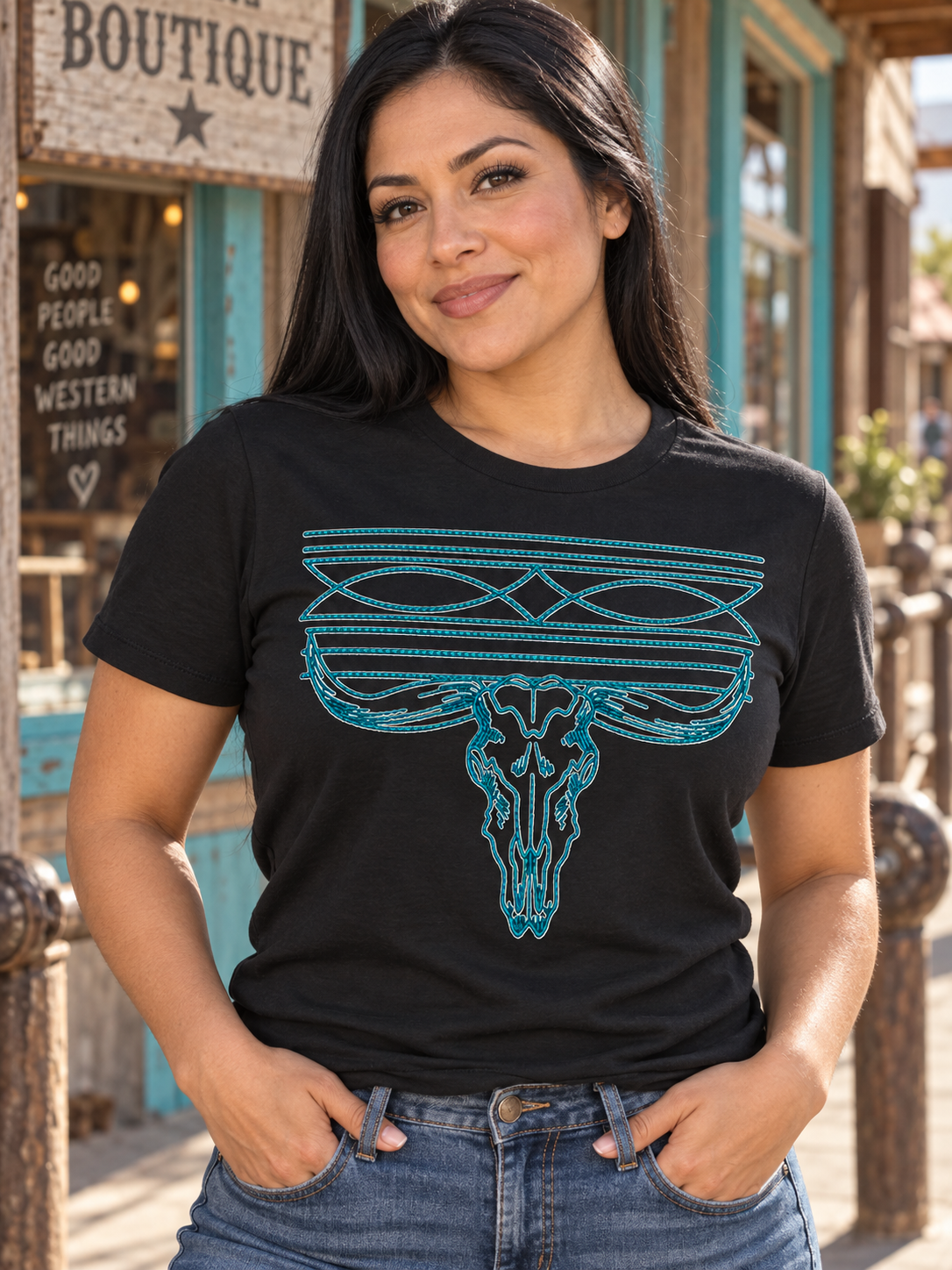 Turquoise western bull skull graphic tee