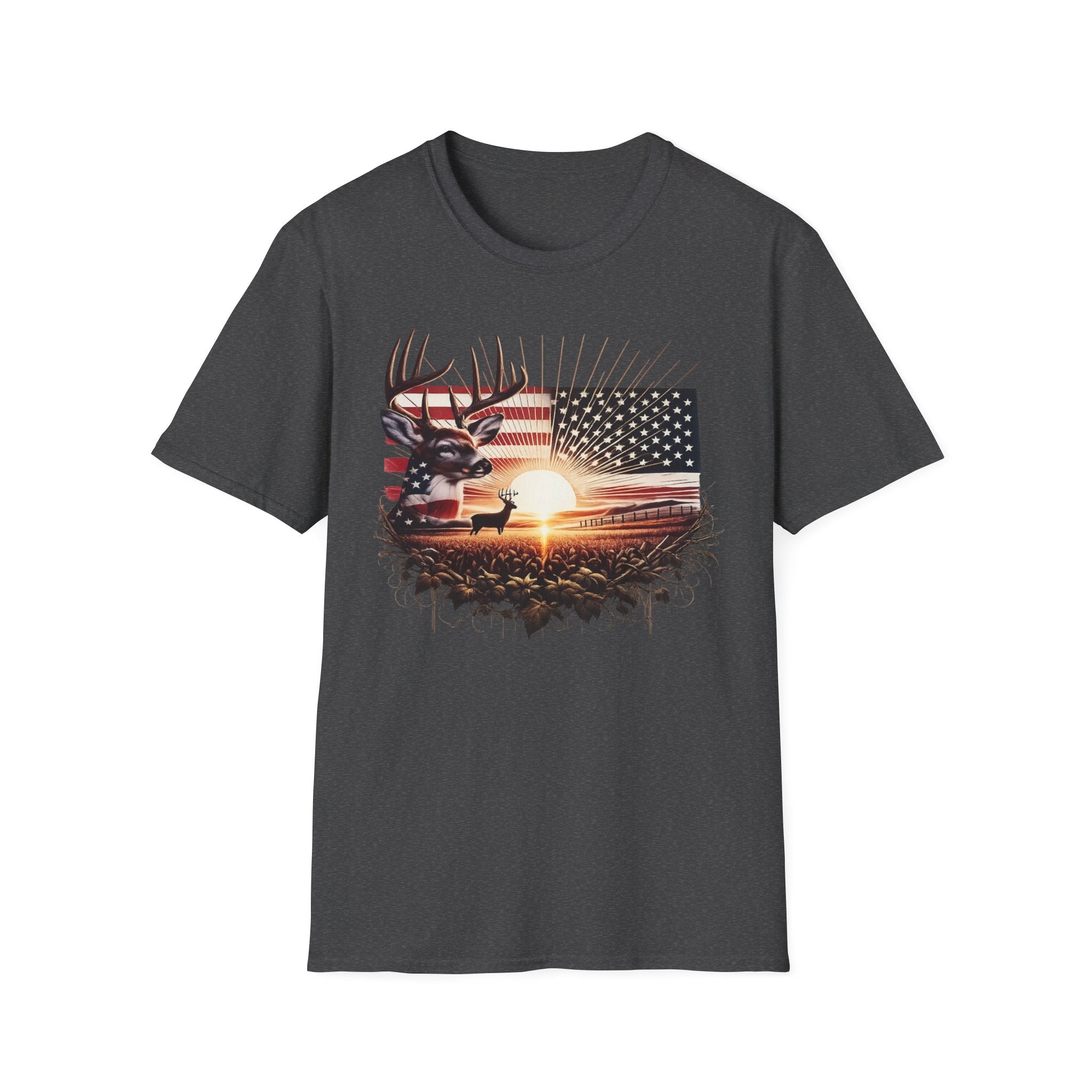 Deer Sunset Flag T-Shirt — American Hunting Outdoors Tee