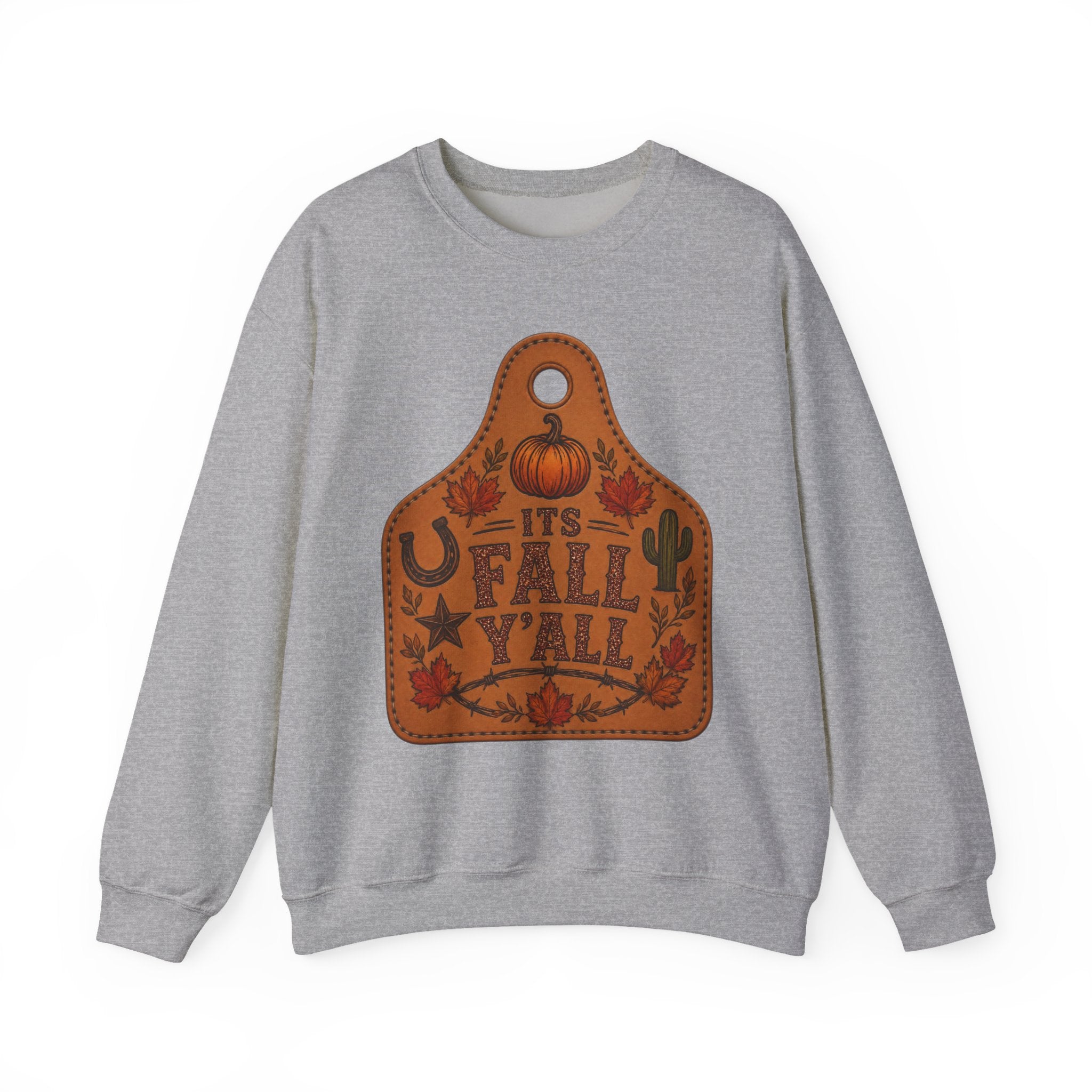 Fall Y'all Crewneck Sweatshirt — Rustic Pumpkin Leather Tag Design