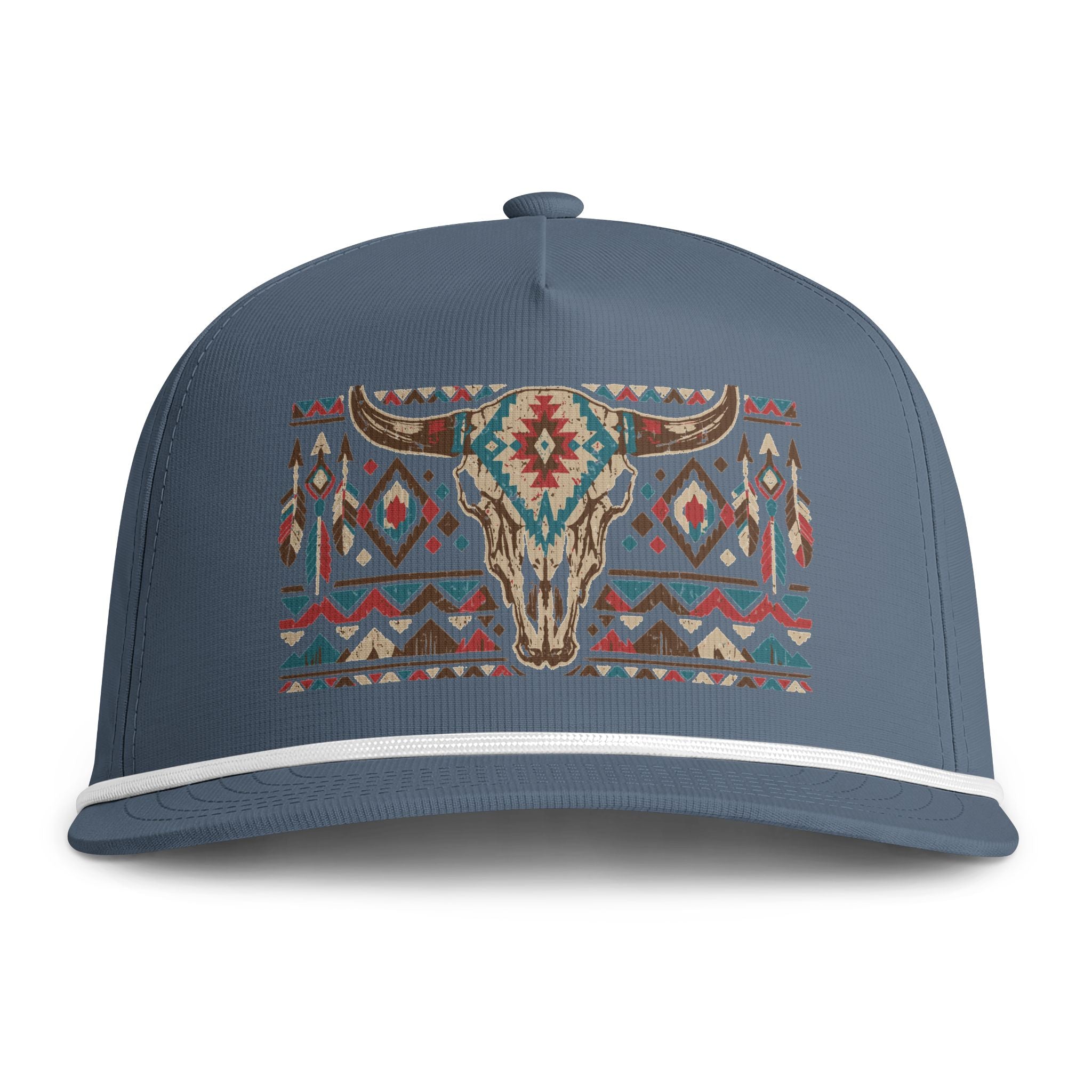 Sunwashed Rope Cap – Southwestern Tribal Bull Skull Embroidered Hat