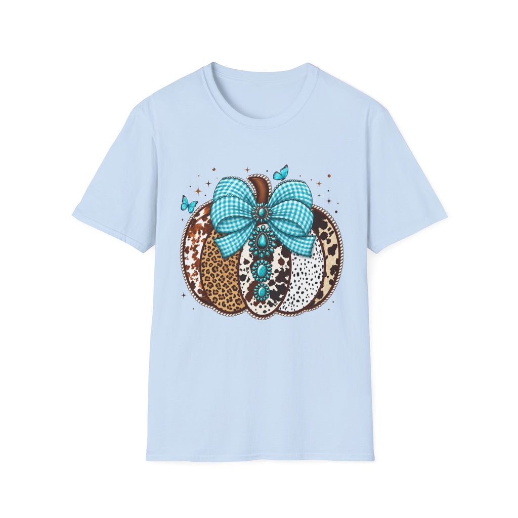 Turquoise Bow Pumpkin T-Shirt — Cowhide & Leopard Fall Graphic Tee