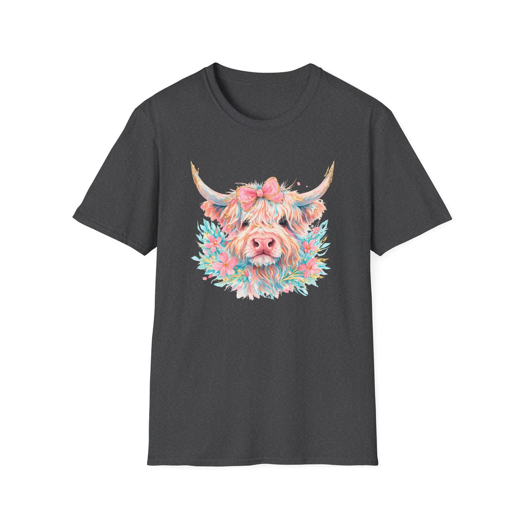 Highland Cow Floral Tee — Cute Pastel Cow Face T-Shirt
