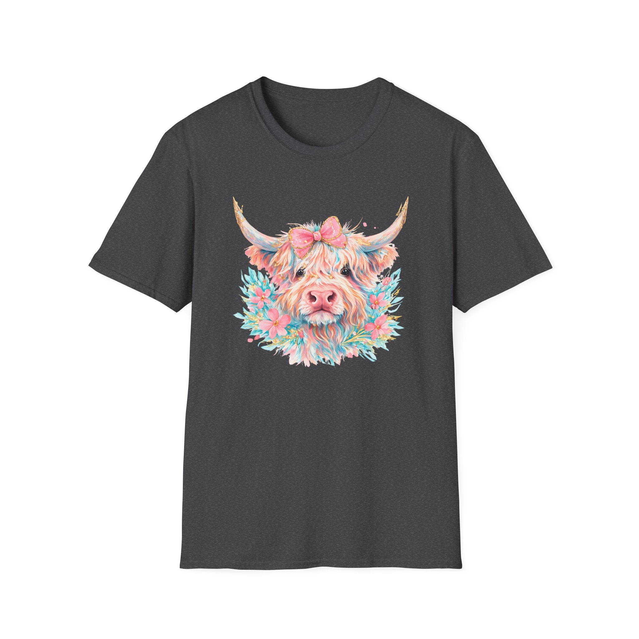 Highland Cow Floral Tee — Cute Pastel Cow Face T-Shirt
