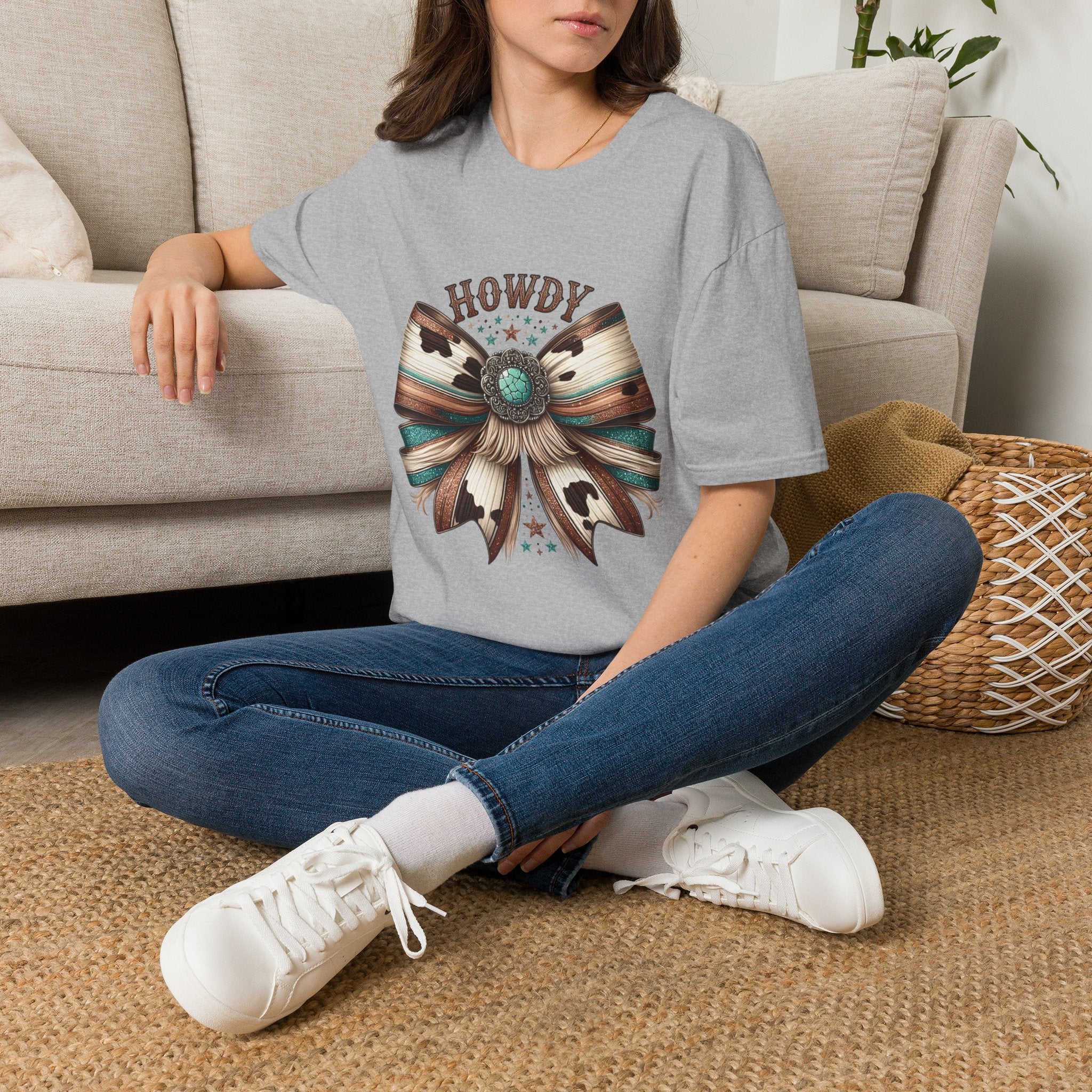Howdy Western Bow T-Shirt — Turquoise Concho Rustic Cowhide Graphic