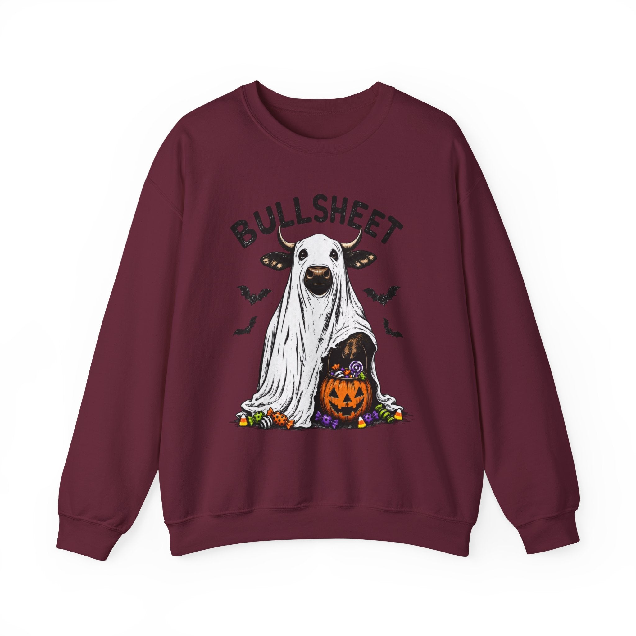 Halloween 'Bullsheet' Ghost Cow Sweatshirt - Funny Pumpkin & Bats Crewneck