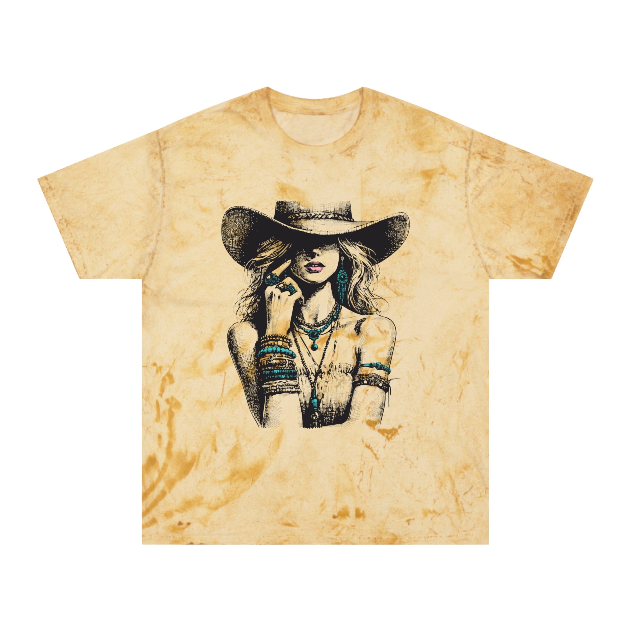 Western Cowgirl Graphic Tee — Vintage Boho Hat & Jewelry Design