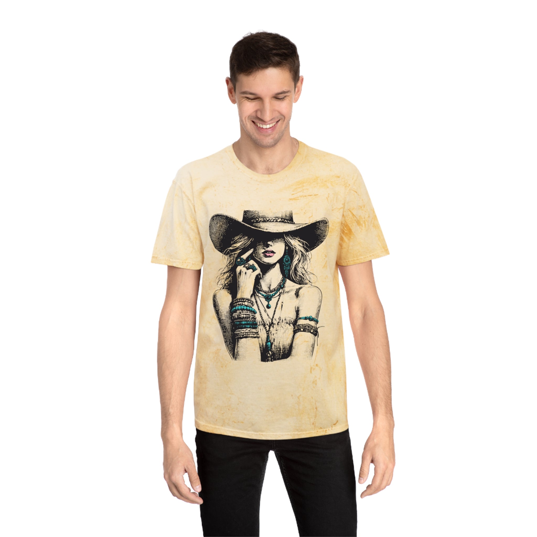Western Cowgirl Graphic Tee — Vintage Boho Hat & Jewelry Design