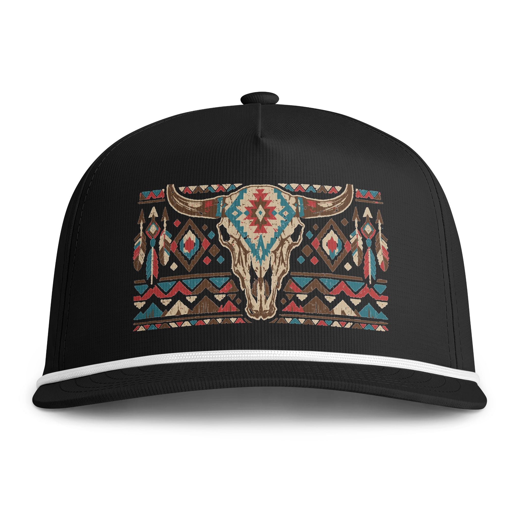Sunwashed Rope Cap – Southwestern Tribal Bull Skull Embroidered Hat