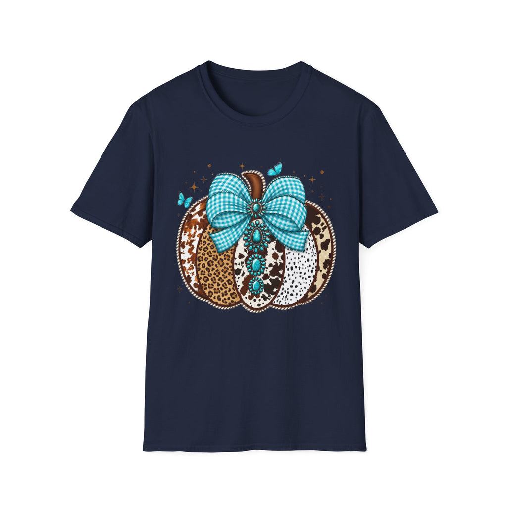 Turquoise Bow Pumpkin T-Shirt — Cowhide & Leopard Fall Graphic Tee
