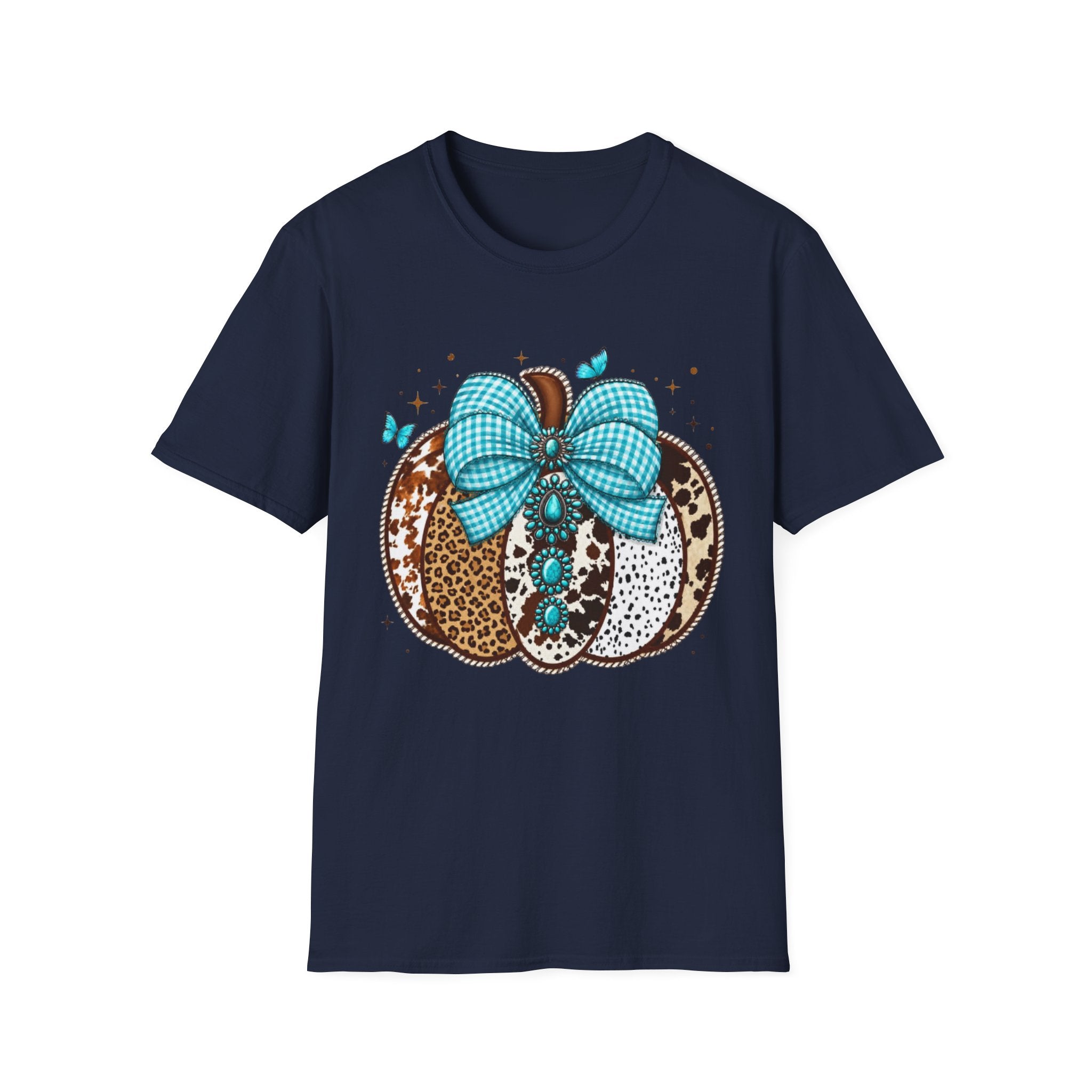 Turquoise Bow Pumpkin T-Shirt — Cowhide & Leopard Fall Graphic Tee