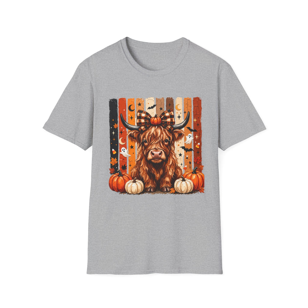 Highland Cow Halloween T-Shirt — Plaid Pumpkin Fall Graphic Tee