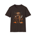 Highland Cow Pumpkin Tee — Autumn Scottish Cattle Graphic T-Shirt