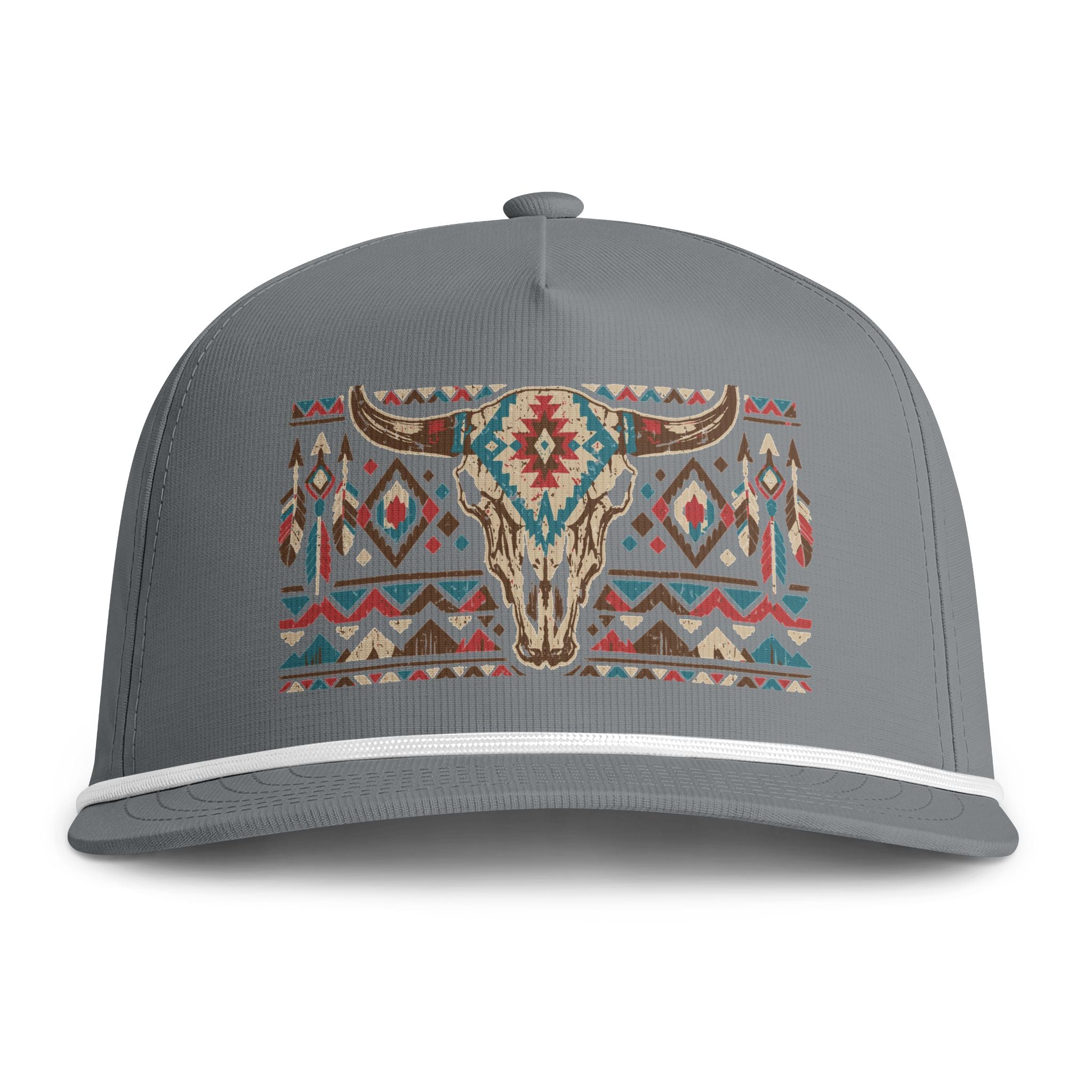 Sunwashed Rope Cap – Southwestern Tribal Bull Skull Embroidered Hat