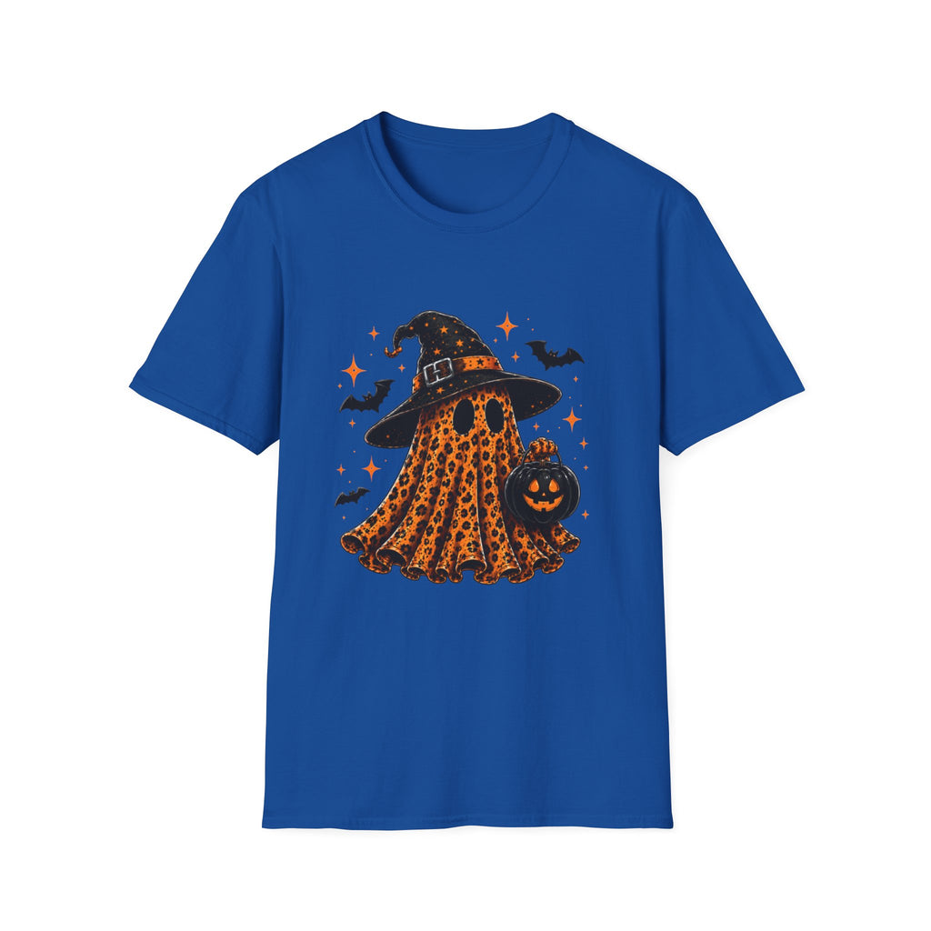 Leopard Ghost Halloween T-Shirt — Witch Hat Pumpkin & Bats Fall Tee