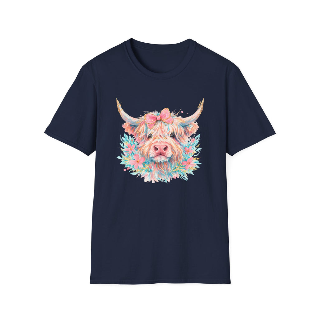 Highland Cow Floral Tee — Cute Pastel Cow Face T-Shirt