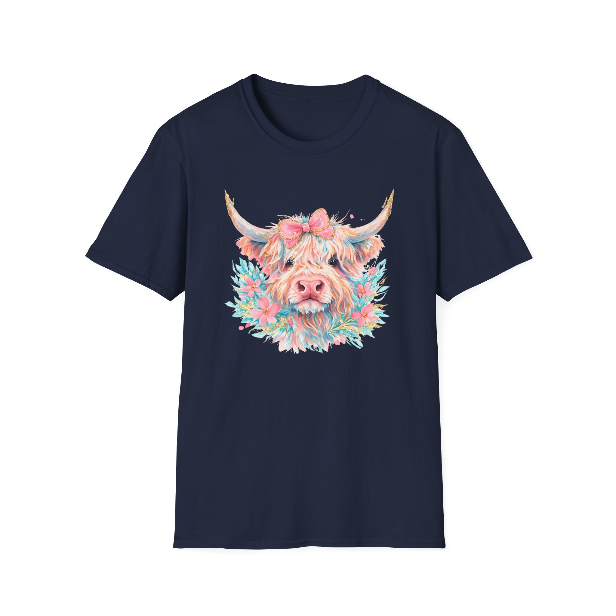 Highland Cow Floral Tee — Cute Pastel Cow Face T-Shirt