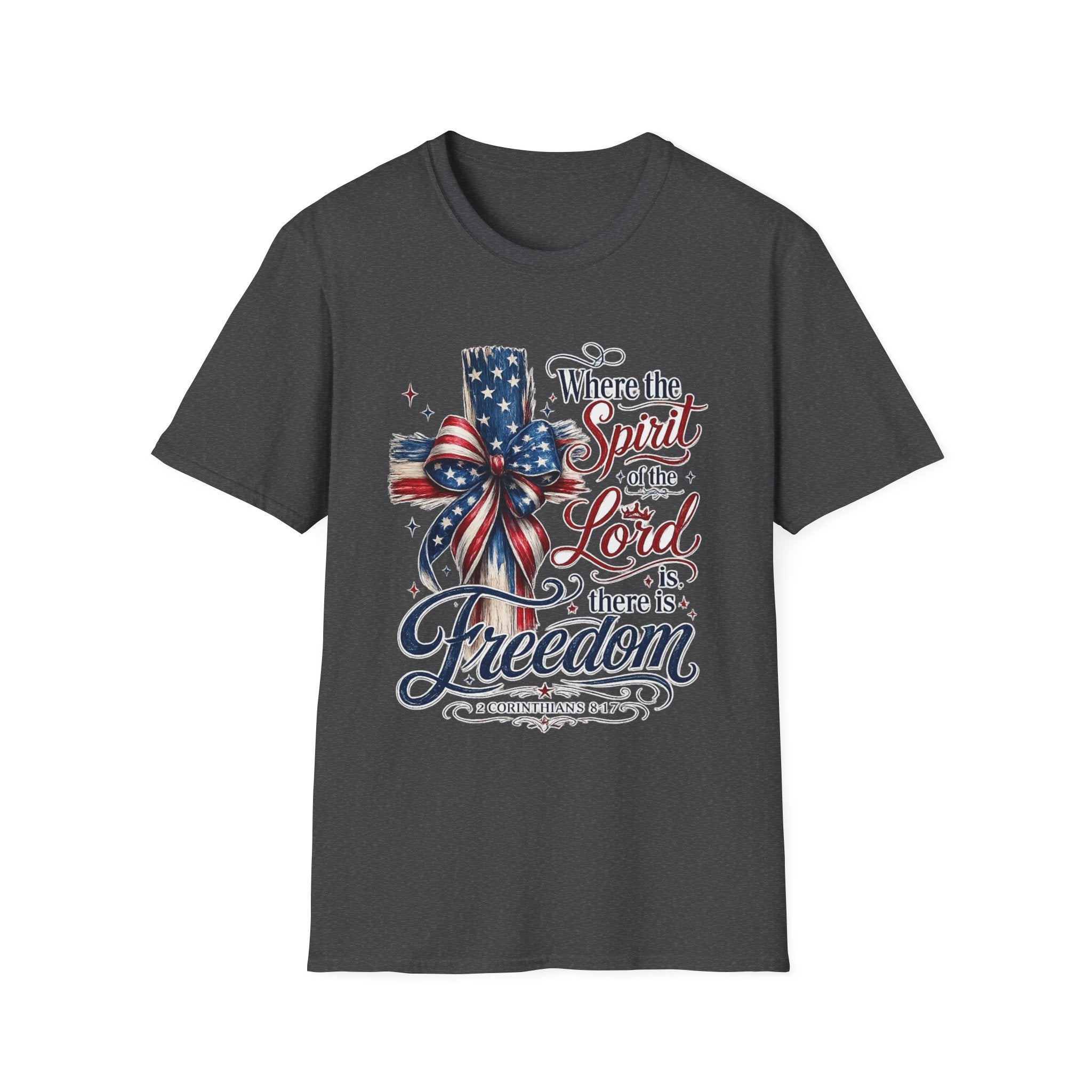 Patriotic Cross T-Shirt — “Where the Spirit of the Lord Is, There Is Freedom”