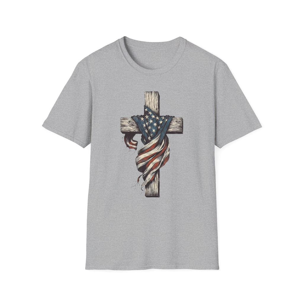 T-Shirt — American Flag Draped Cross Graphic Tee (Patriotic Christian)