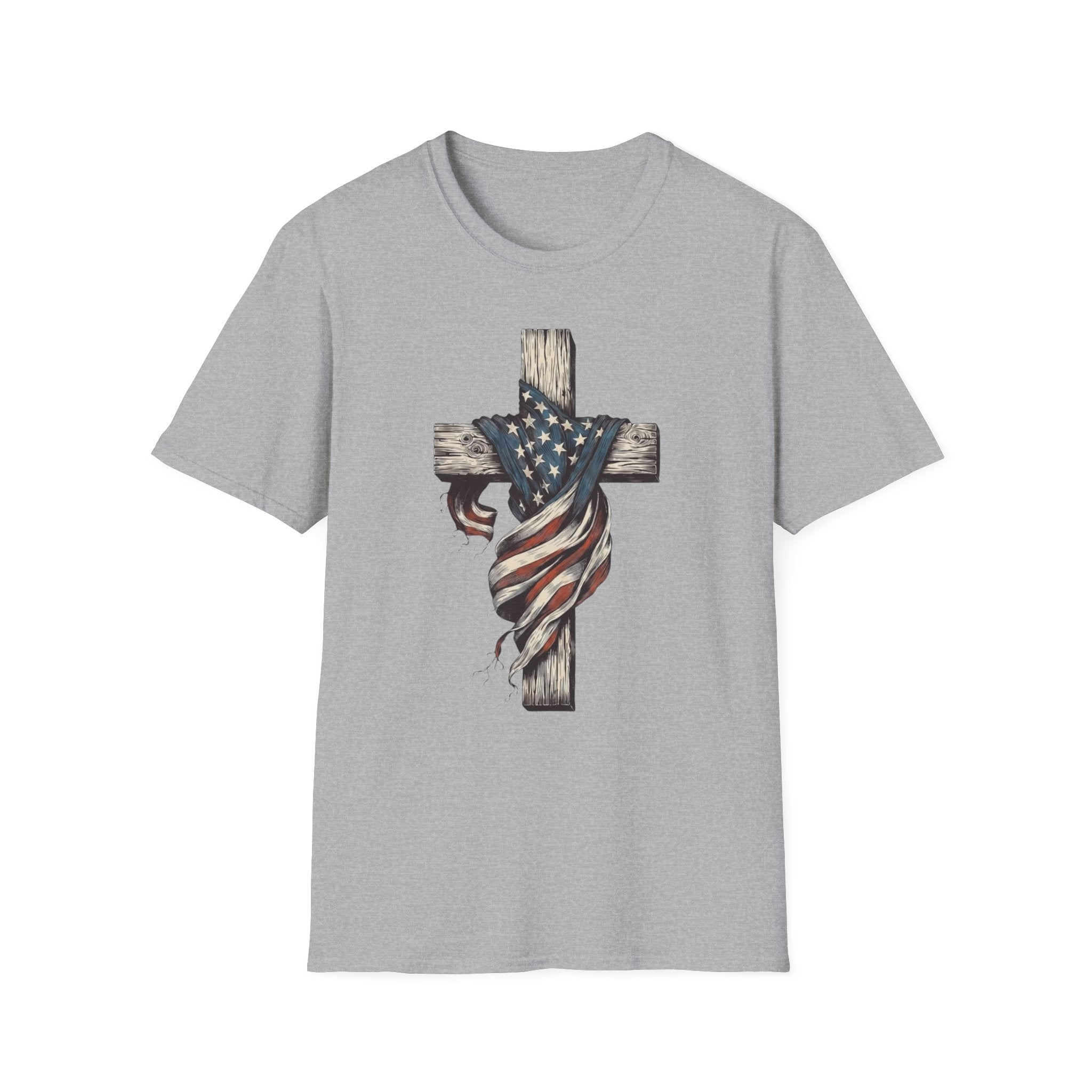 T-Shirt — American Flag Draped Cross Graphic Tee (Patriotic Christian)