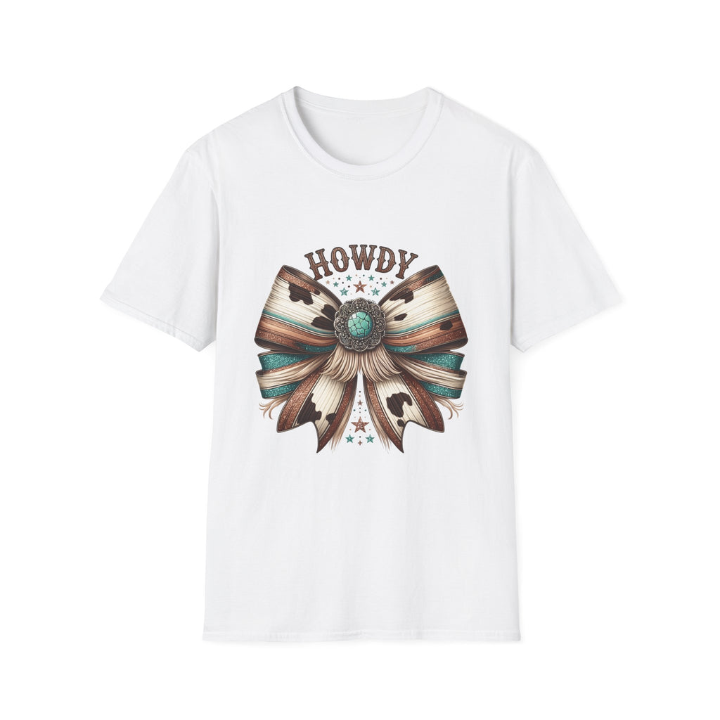Howdy Western Bow T-Shirt — Turquoise Concho Rustic Cowhide Graphic