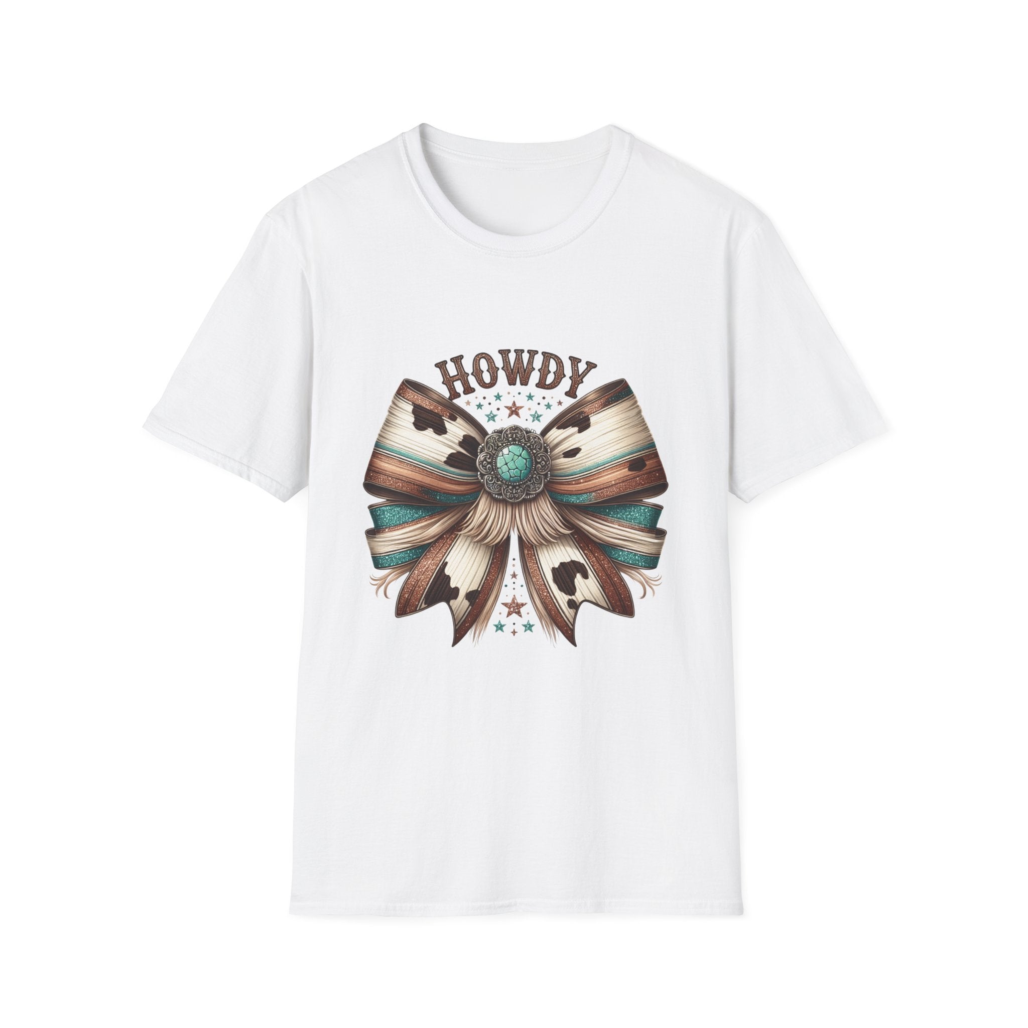 Howdy Western Bow T-Shirt — Turquoise Concho Rustic Cowhide Graphic