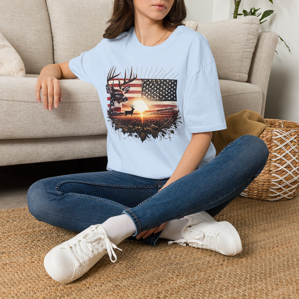 Deer Sunset Flag T-Shirt — American Hunting Outdoors Tee