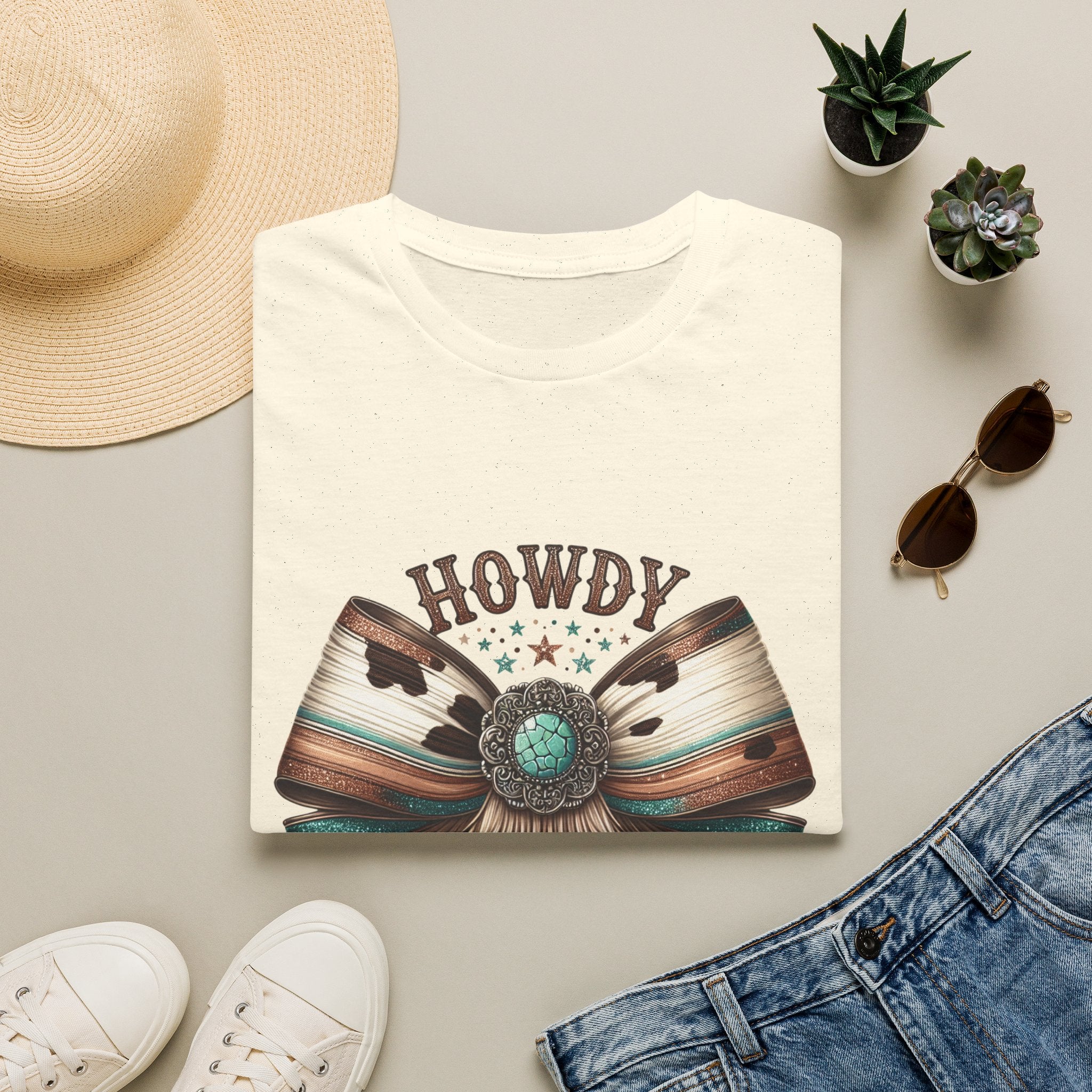 Howdy Western Bow T-Shirt — Turquoise Concho Rustic Cowhide Graphic