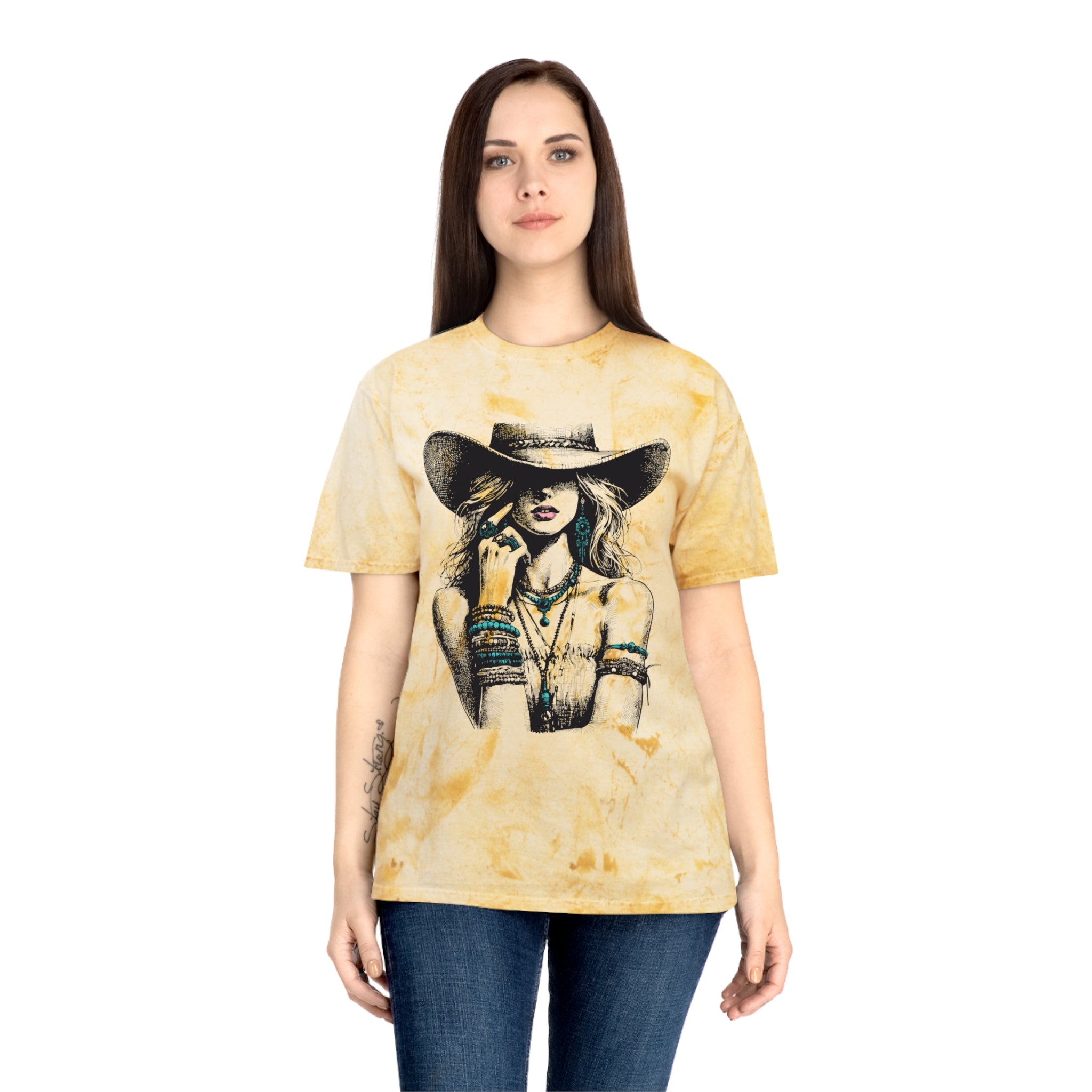 Western Cowgirl Graphic Tee — Vintage Boho Hat & Jewelry Design