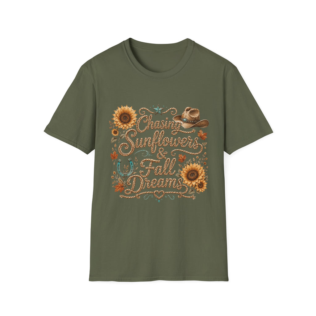 Chasing Sunflowers & Fall Dreams T-Shirt — Rustic Cowboy Sunflower Autumn Tee