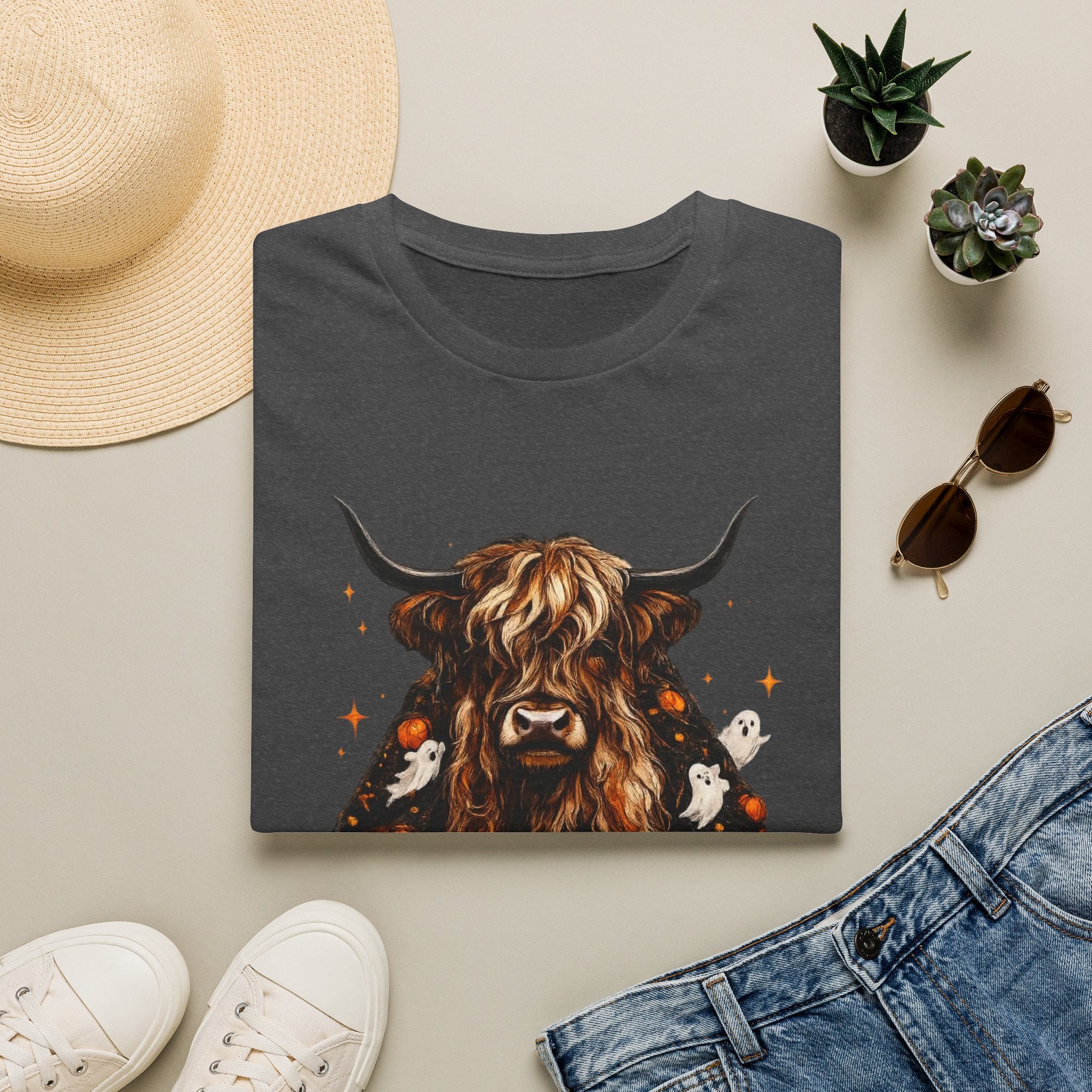 Highland Cow Pumpkin Tee — Autumn Scottish Cattle Graphic T-Shirt