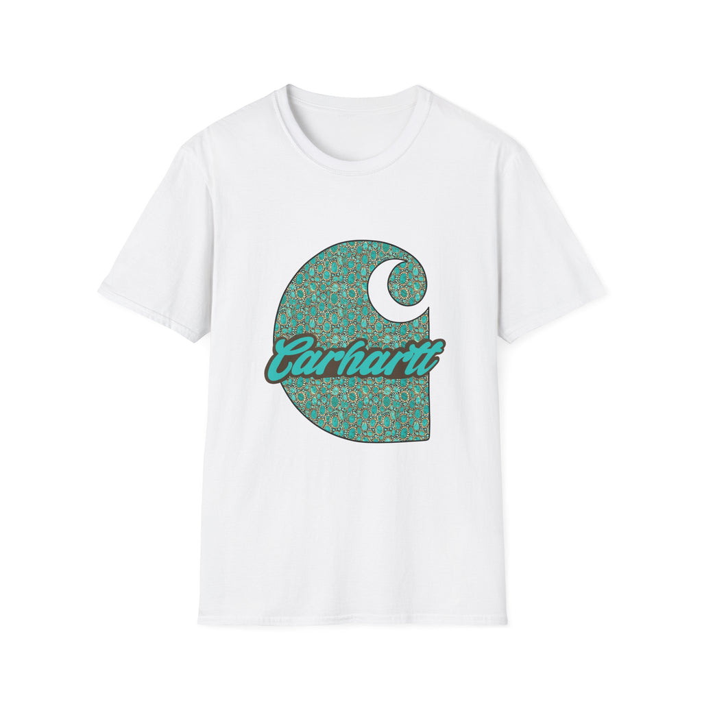 Carhartt Crescent Logo T‑Shirt — Vintage Teal Patterned Graphic Tee