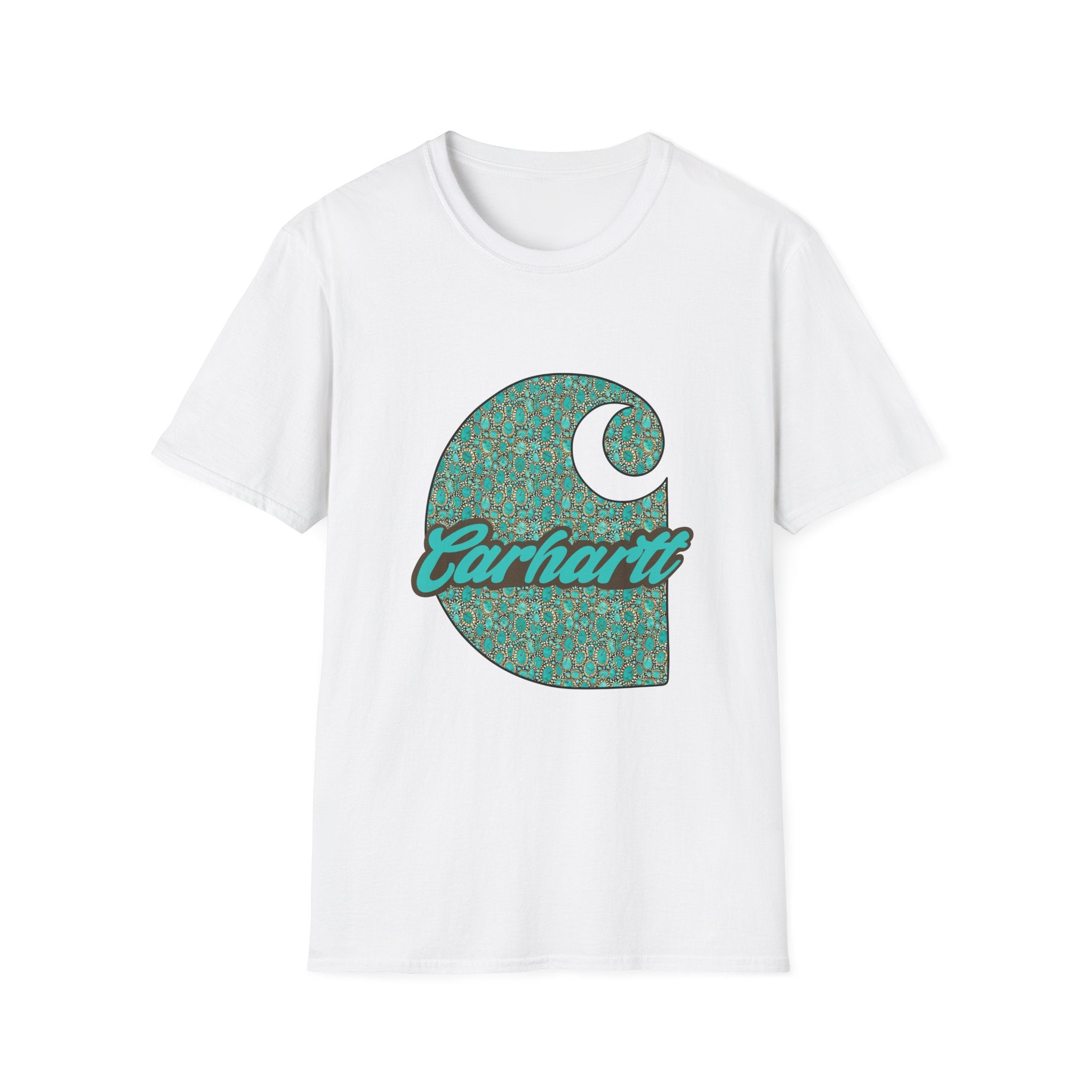 Carhartt Crescent Logo T‑Shirt — Vintage Teal Patterned Graphic Tee