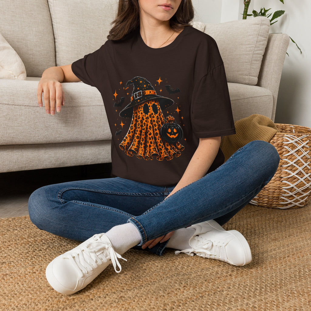 Leopard Ghost Halloween T-Shirt — Witch Hat Pumpkin & Bats Fall Tee