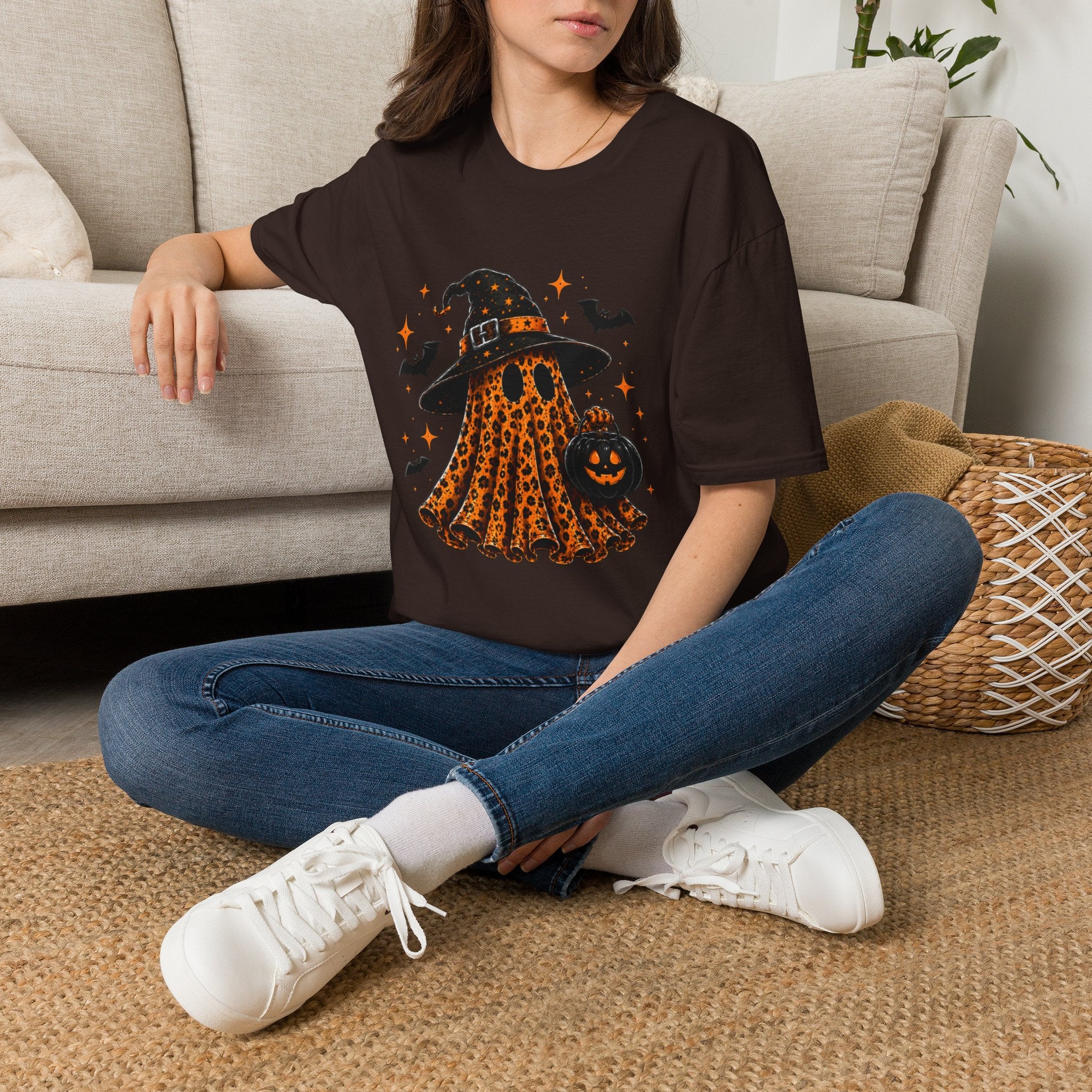 Leopard Ghost Halloween T-Shirt — Witch Hat Pumpkin & Bats Fall Tee
