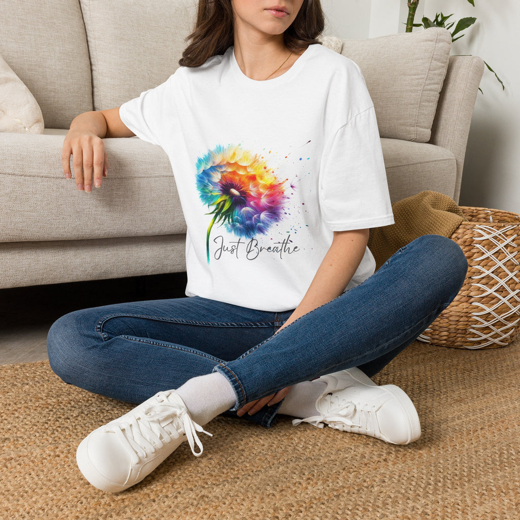 Sunflower Watercolor T-Shirt – "Just Breathe" Inspirational Floral Tee
