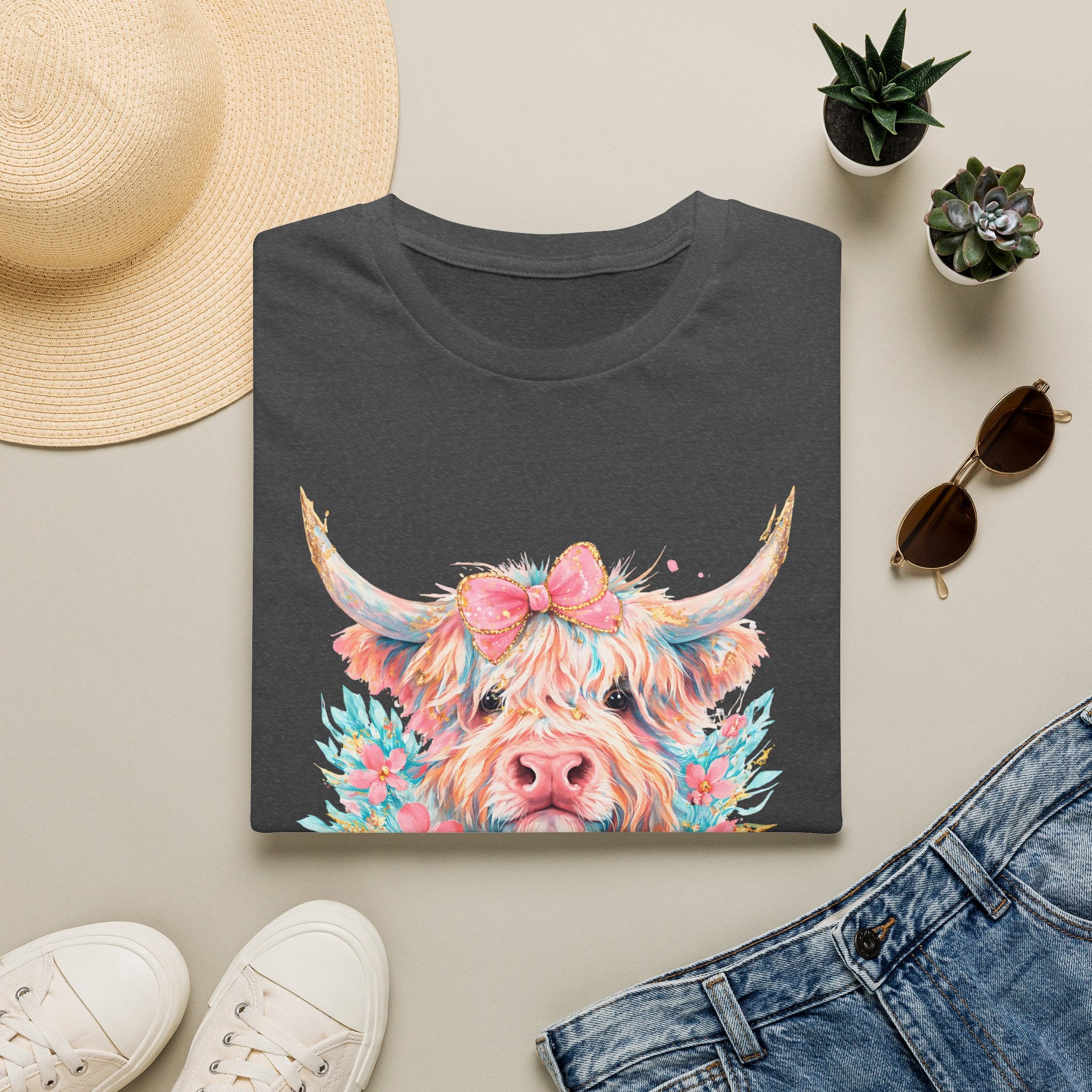 Highland Cow Floral Tee — Cute Pastel Cow Face T-Shirt