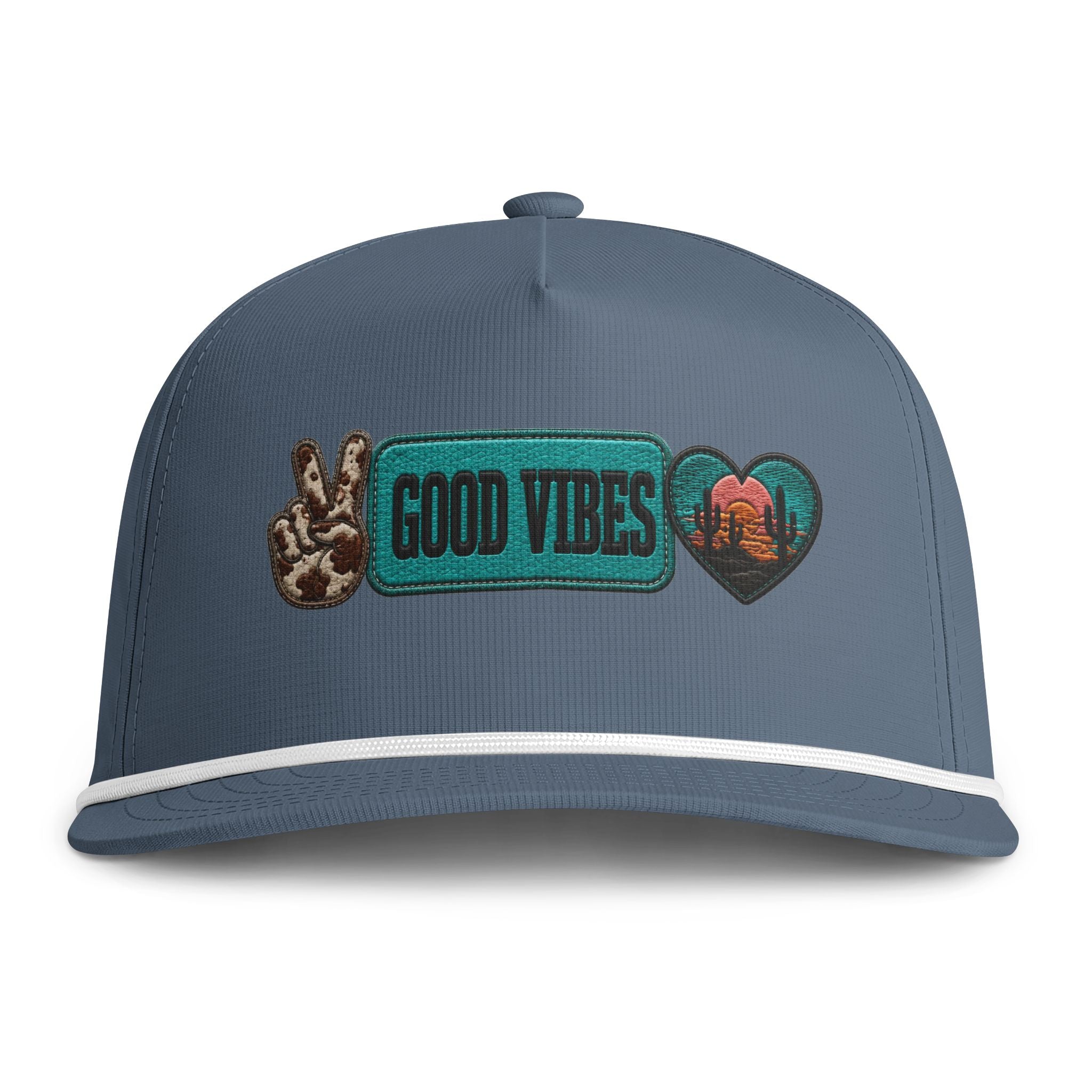 Good Vibes Rope Cap — Retro Peace Sign & Sunset Patch Hat