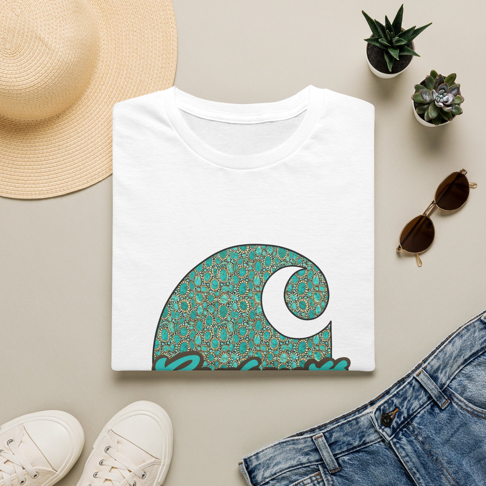 Carhartt Crescent Logo T‑Shirt — Vintage Teal Patterned Graphic Tee